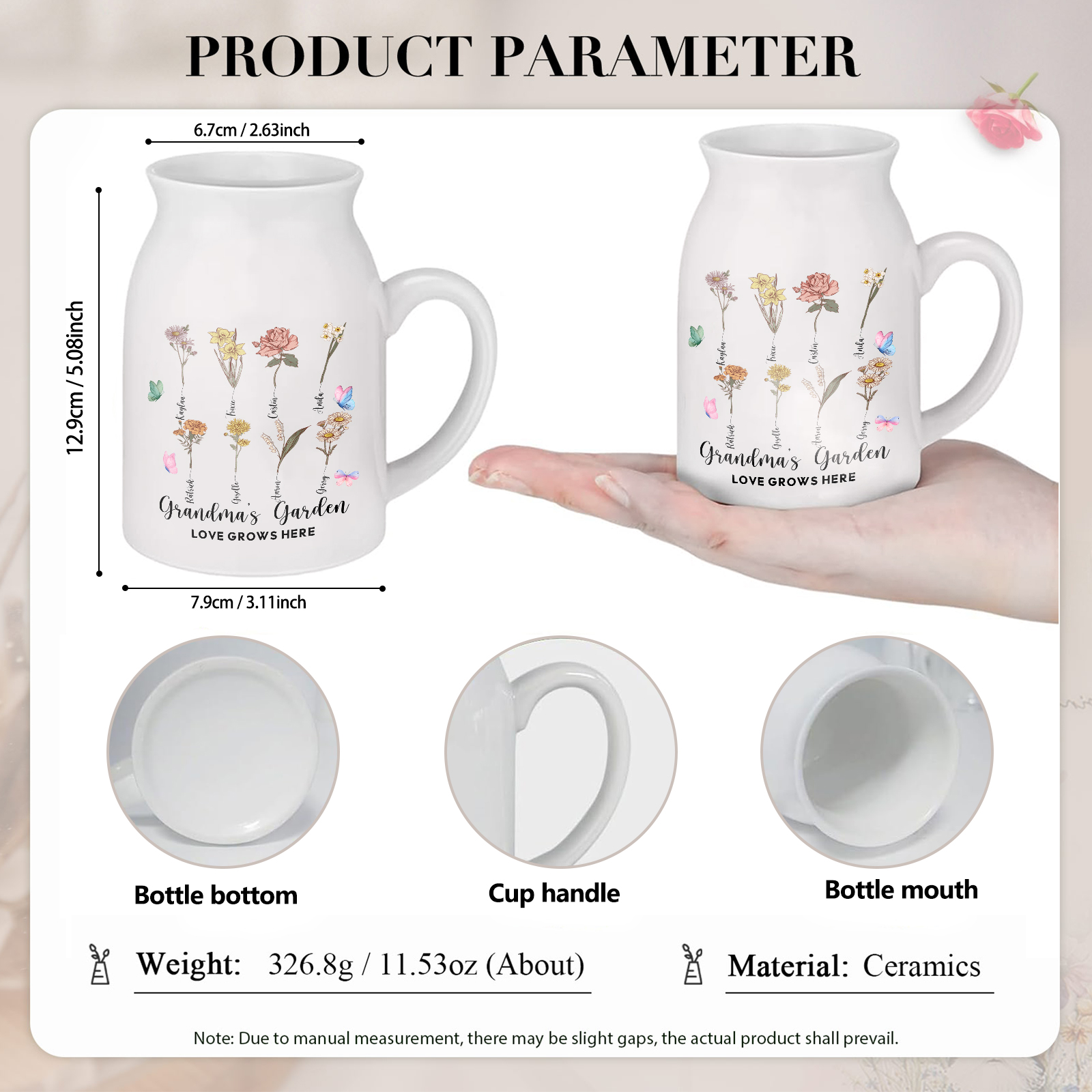 Personalised Ceramic Vase Custom 2 Texts 8 Names & Birthflowers Gift for Mum/Grandma  | Jessemade