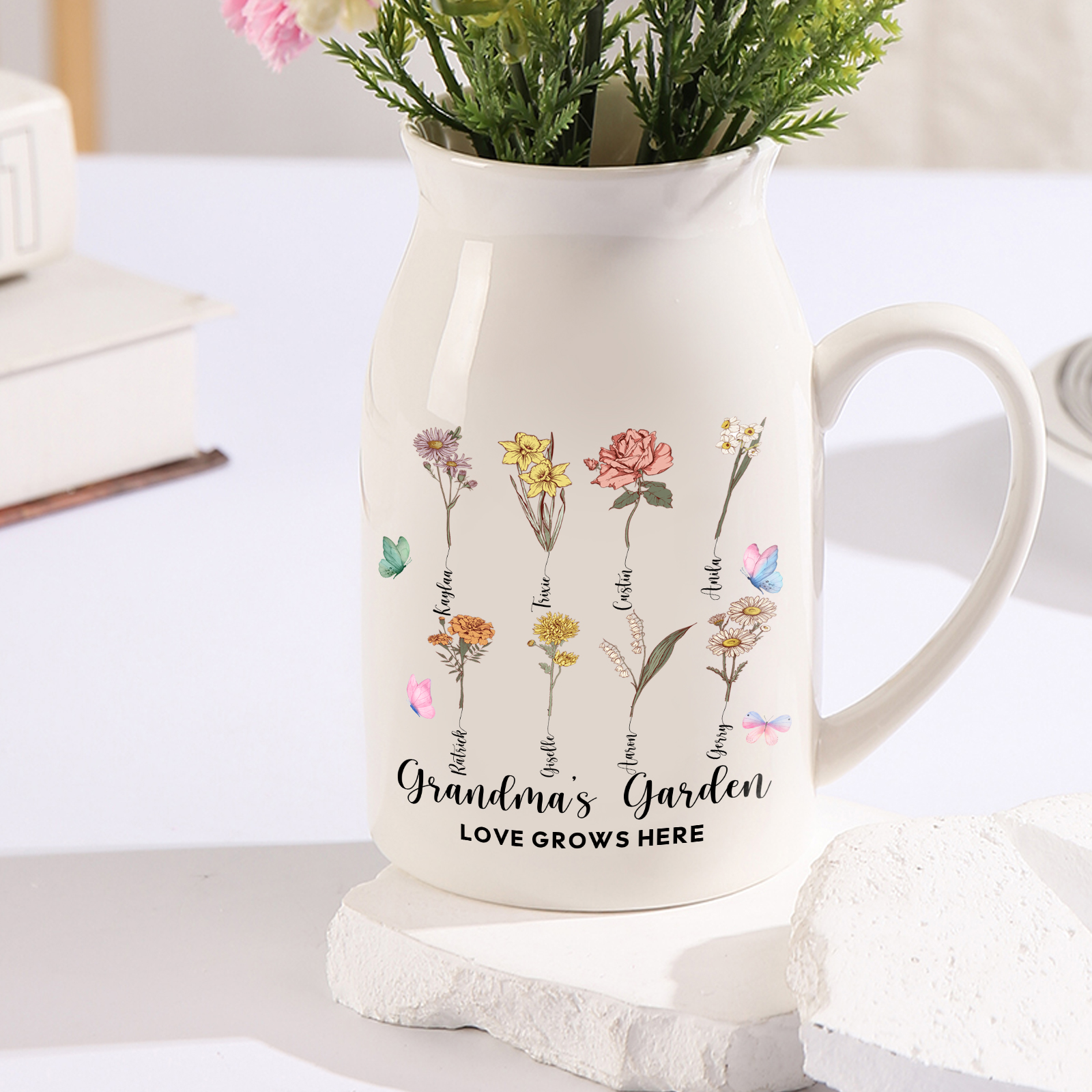 Personalised Ceramic Vase Custom 2 Texts 8 Names & Birthflowers Gift for Mum/Grandma  | Jessemade