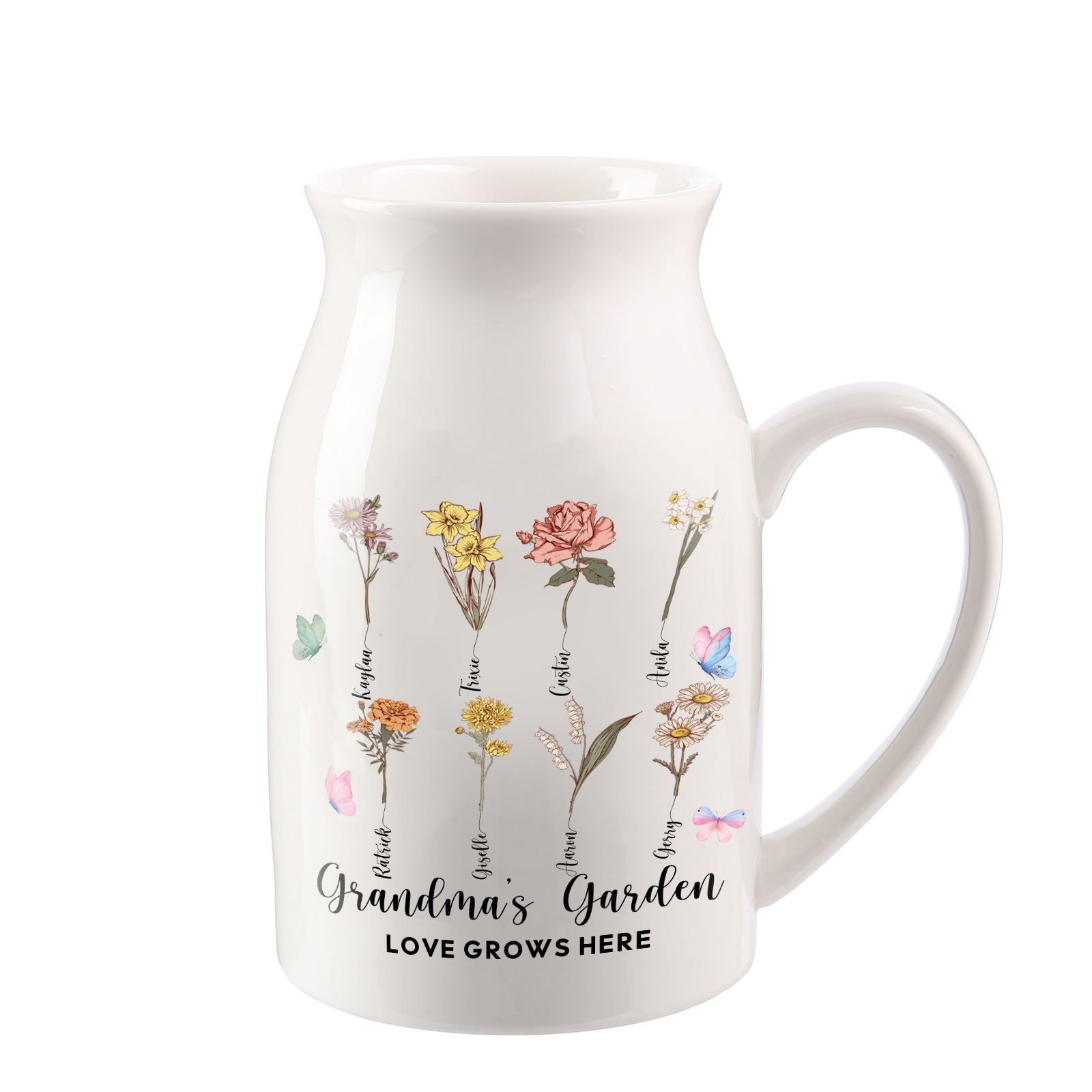 Personalised Ceramic Vase Custom 2 Texts 8 Names & Birthflowers Gift for Mum/Grandma  | Jessemade