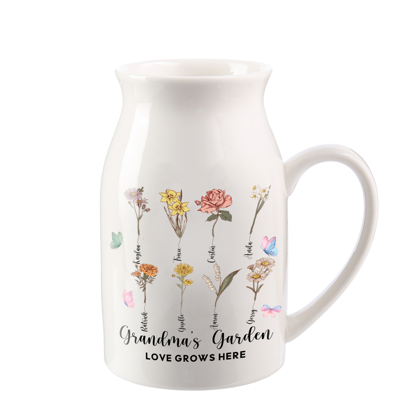 Personalised Ceramic Vase Custom 2 Texts 8 Names & Birthflowers Gift for Mum/Grandma  | Jessemade