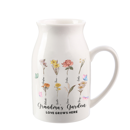 Personalised Ceramic Vase Custom 2 Texts 8 Names & Birthflowers Gift for Mum/Grandma  | Jessemade