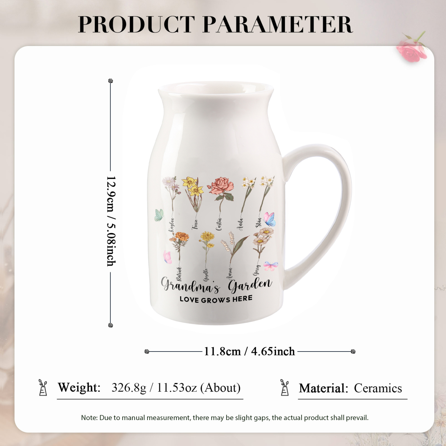 Personalised Ceramic Vase Custom 2 Texts 9 Names & Birthflowers Gift for Mum/Grandma  | Jessemade