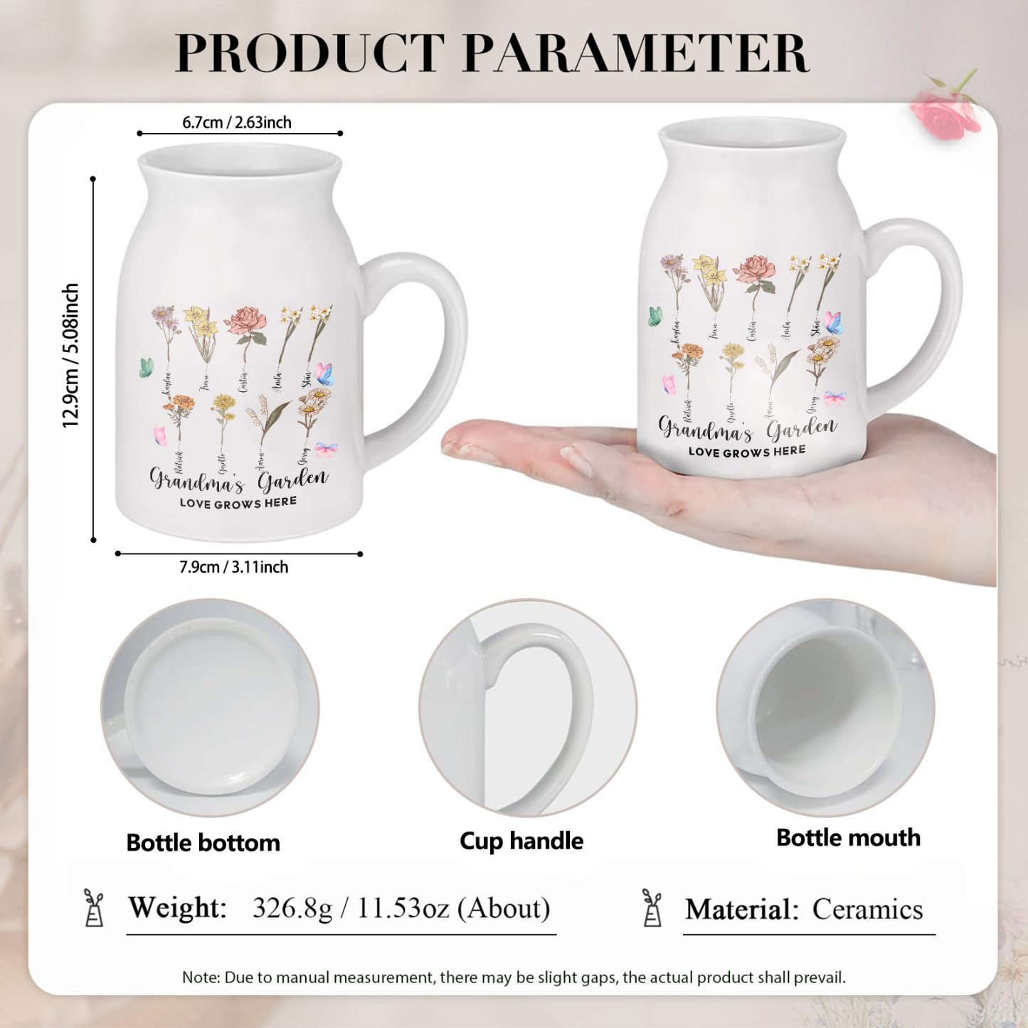 Personalised Ceramic Vase Custom 2 Texts 9 Names & Birthflowers Gift for Mum/Grandma  | Jessemade