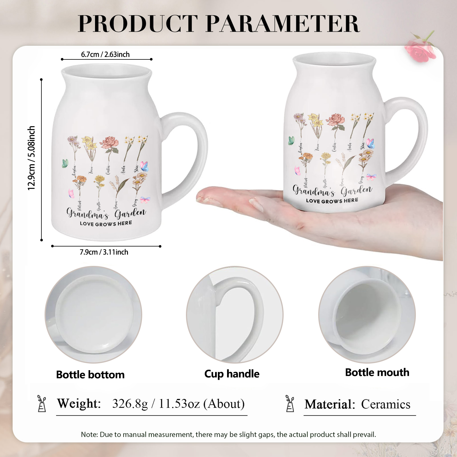 Personalised Ceramic Vase Custom 2 Texts 9 Names & Birthflowers Gift for Mum/Grandma  | Jessemade