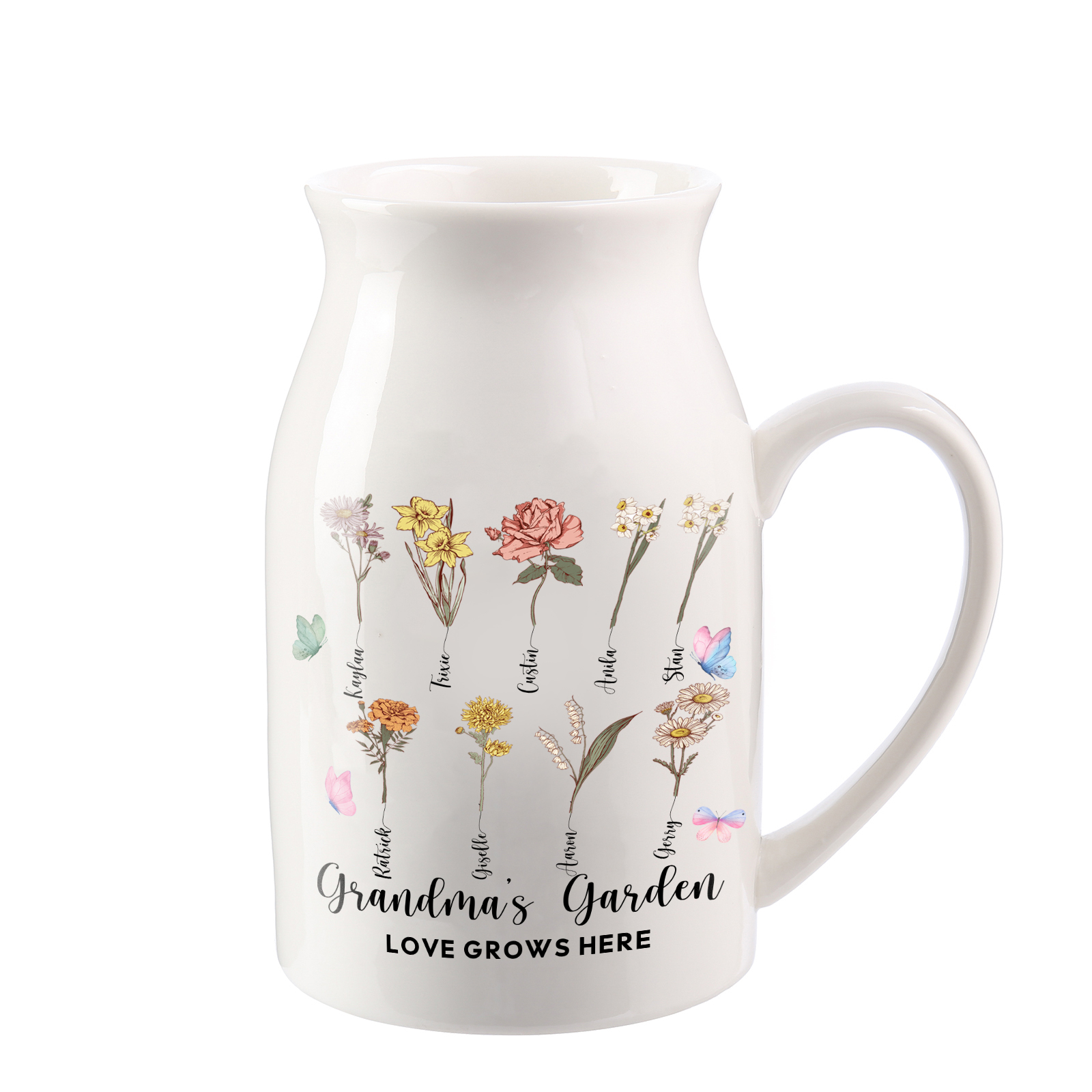 Personalised Ceramic Vase Custom 2 Texts 9 Names & Birthflowers Gift for Mum/Grandma  | Jessemade