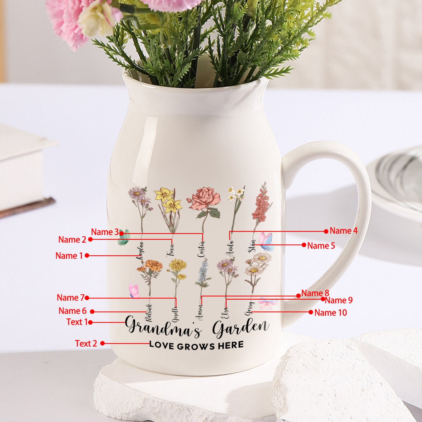 Personalised Ceramic Vase Custom 2 Texts 10 Names & Birthflowers Gift for Mum/Grandma  | Jessemade