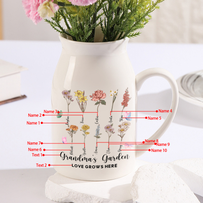 Personalised Ceramic Vase Custom 2 Texts 10 Names & Birthflowers Gift for Mum/Grandma  | Jessemade