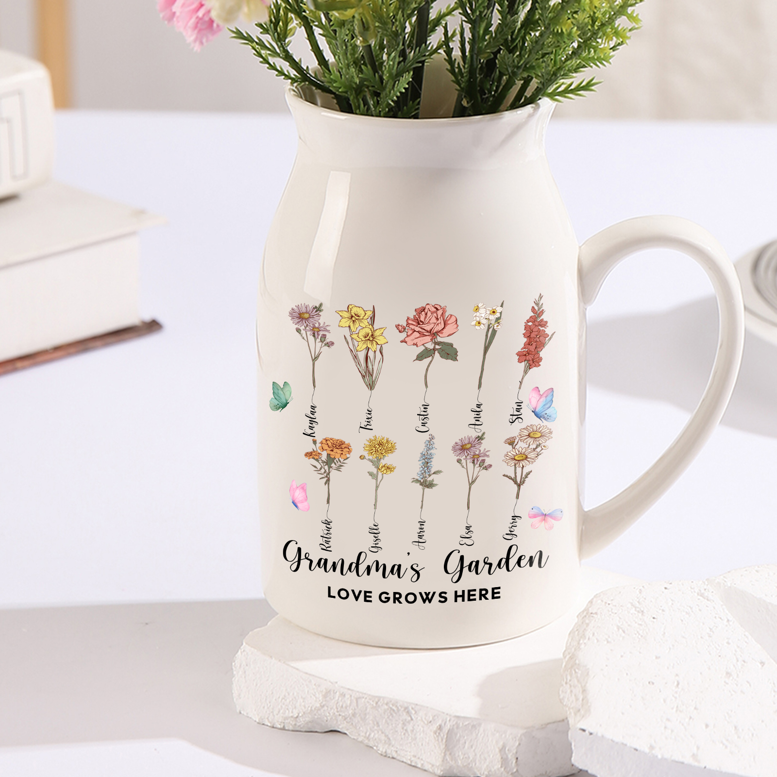 Personalised Birth Flower Jug with Names – Custom Ceramic Vase Gift for Grandma, Mum & Loved Ones | Jessemade