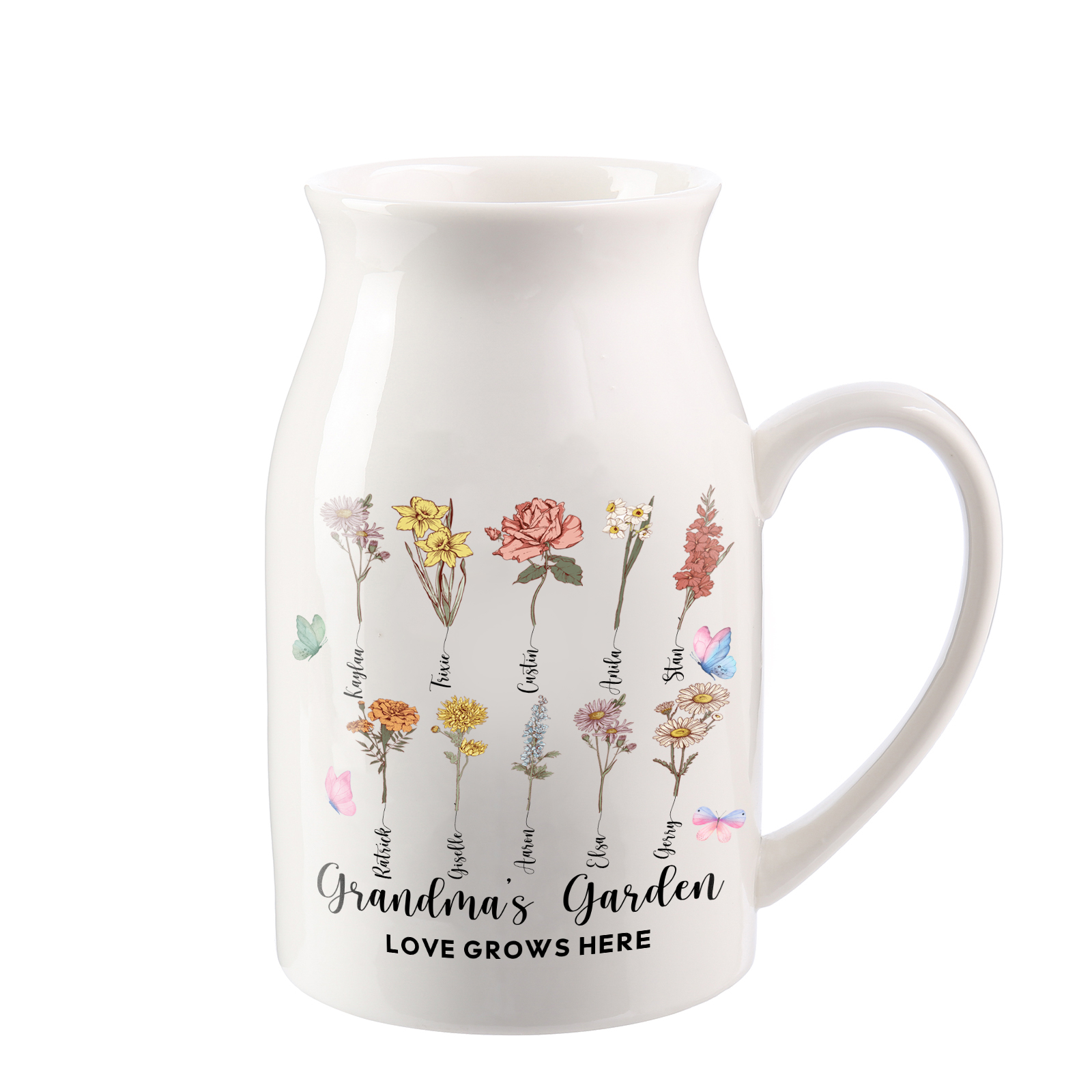Personalised Ceramic Vase Custom 2 Texts 10 Names & Birthflowers Gift for Mum/Grandma  | Jessemade