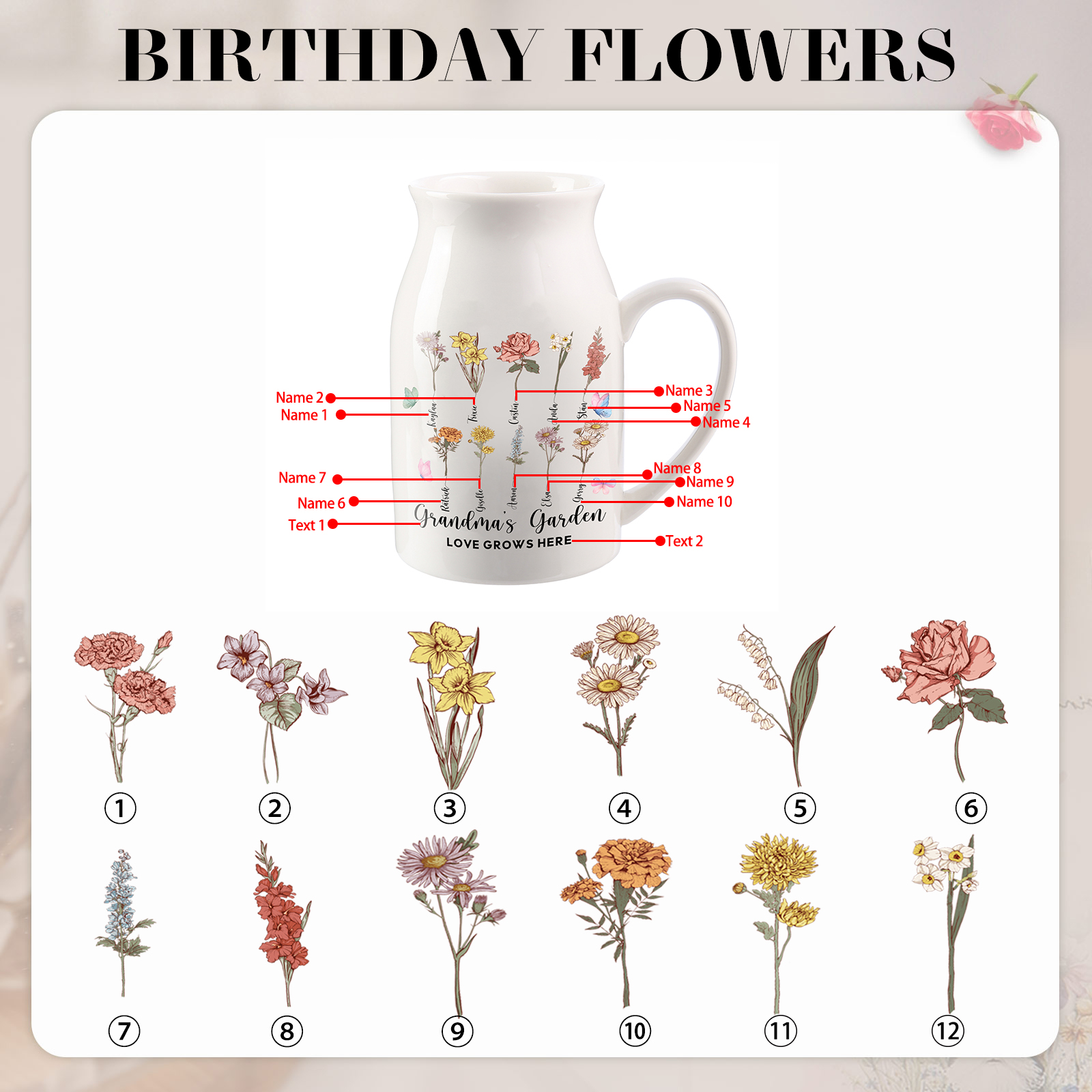 Personalised Ceramic Vase Custom 2 Texts 10 Names & Birthflowers Gift for Mum/Grandma  | Jessemade