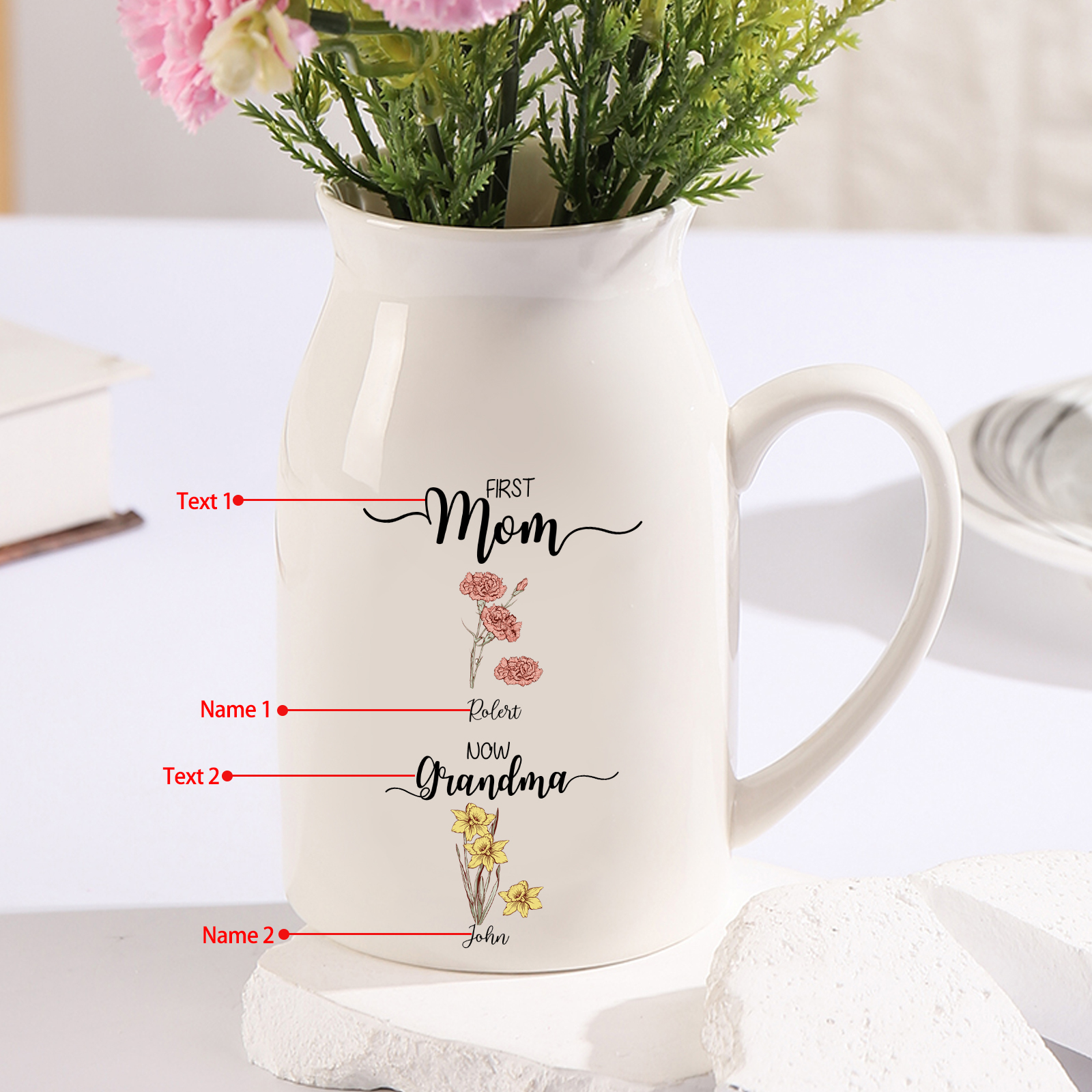 Personalised Ceramic Vase Custom 2 Names & Birthflowers Mother's day Gift for Mum, Mom or Grandma | Jessemade