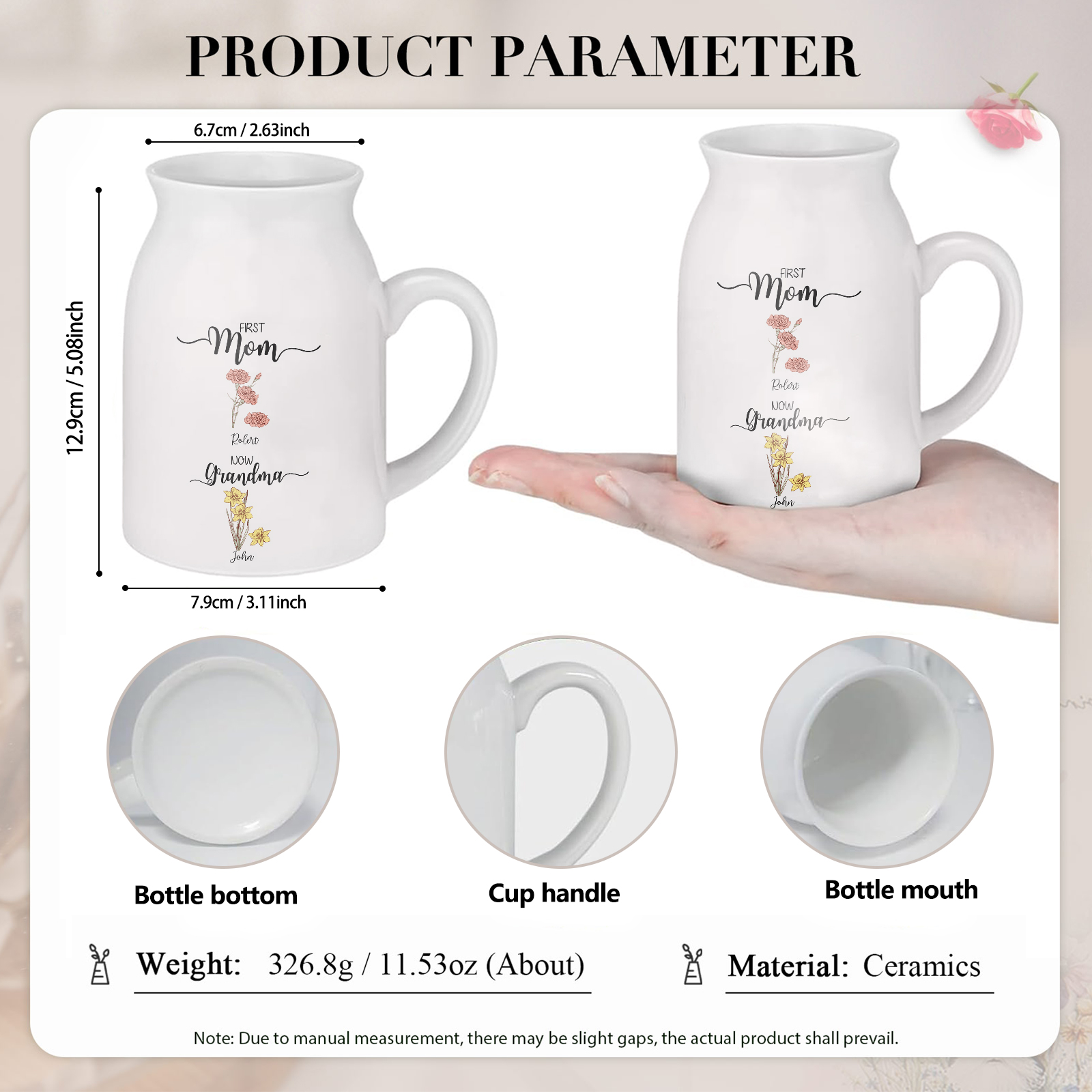 Personalised Ceramic Vase Custom 2 Names & Birthflowers Mother's day Gift for Mum, Mom or Grandma | Jessemade