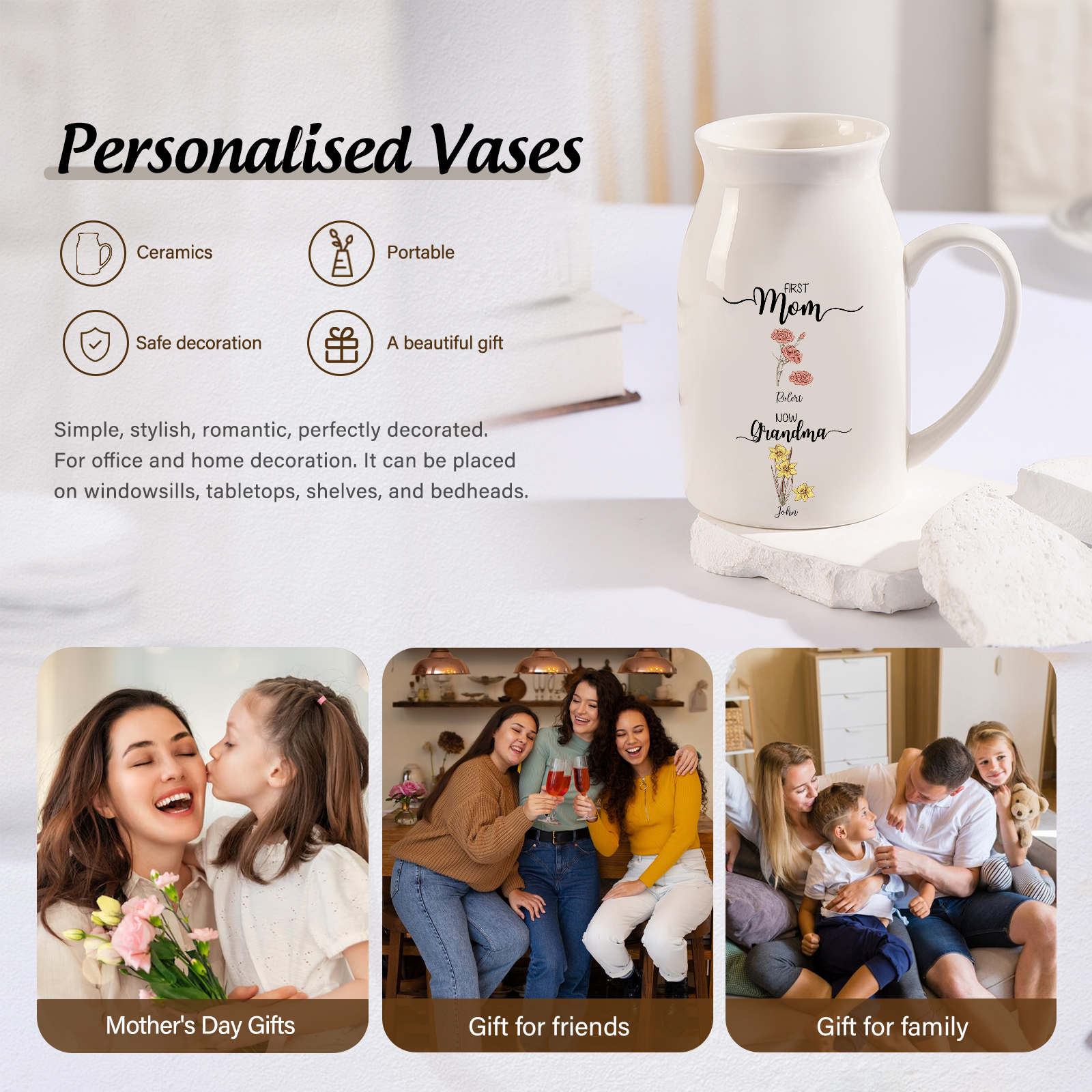 Personalised Ceramic Vase Custom 2 Names & Birthflowers Mother's day Gift for Mum, Mom or Grandma | Jessemade