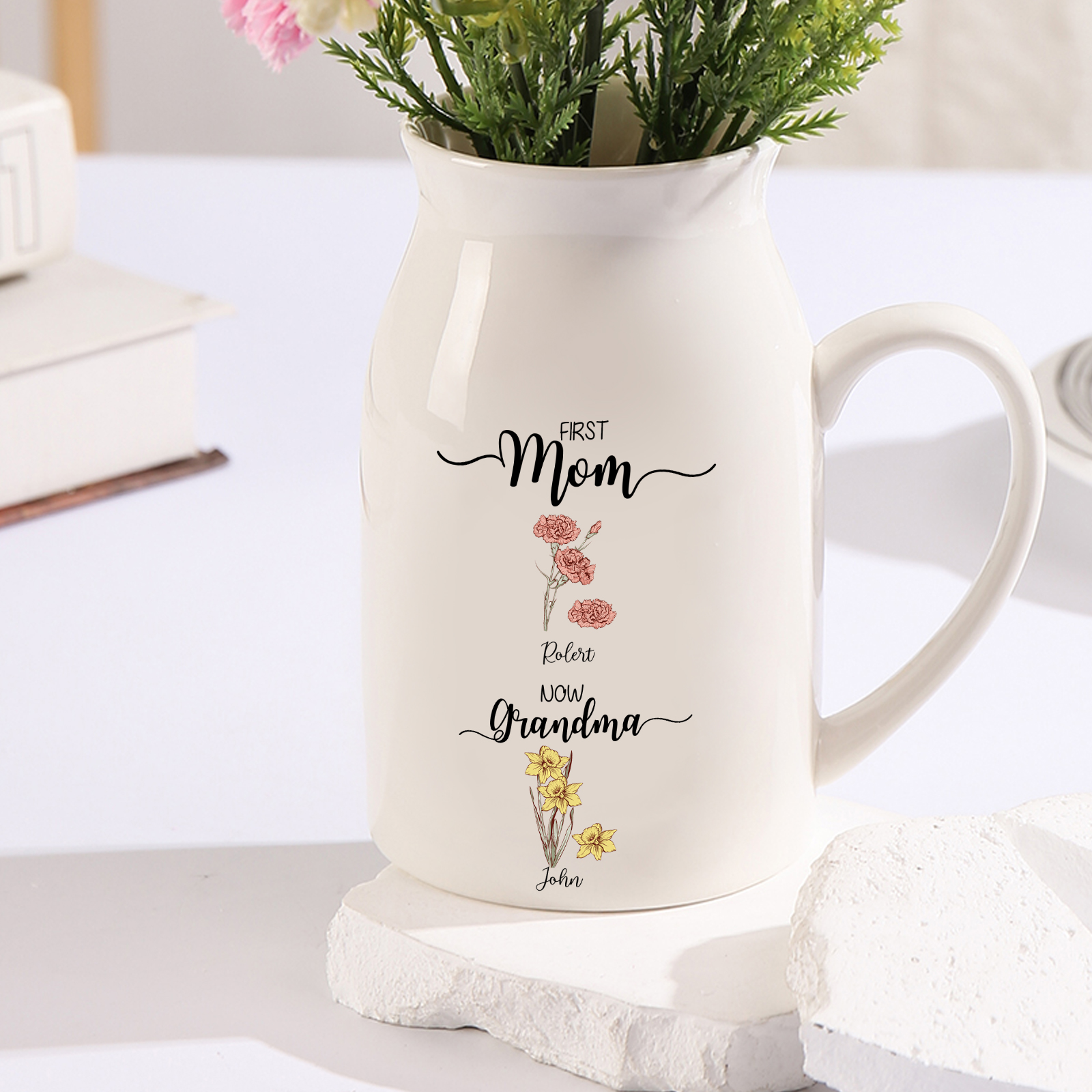 Personalised Ceramic Vase Custom 2 Names & Birthflowers Mother's day Gift for Mum, Mom or Grandma | Jessemade