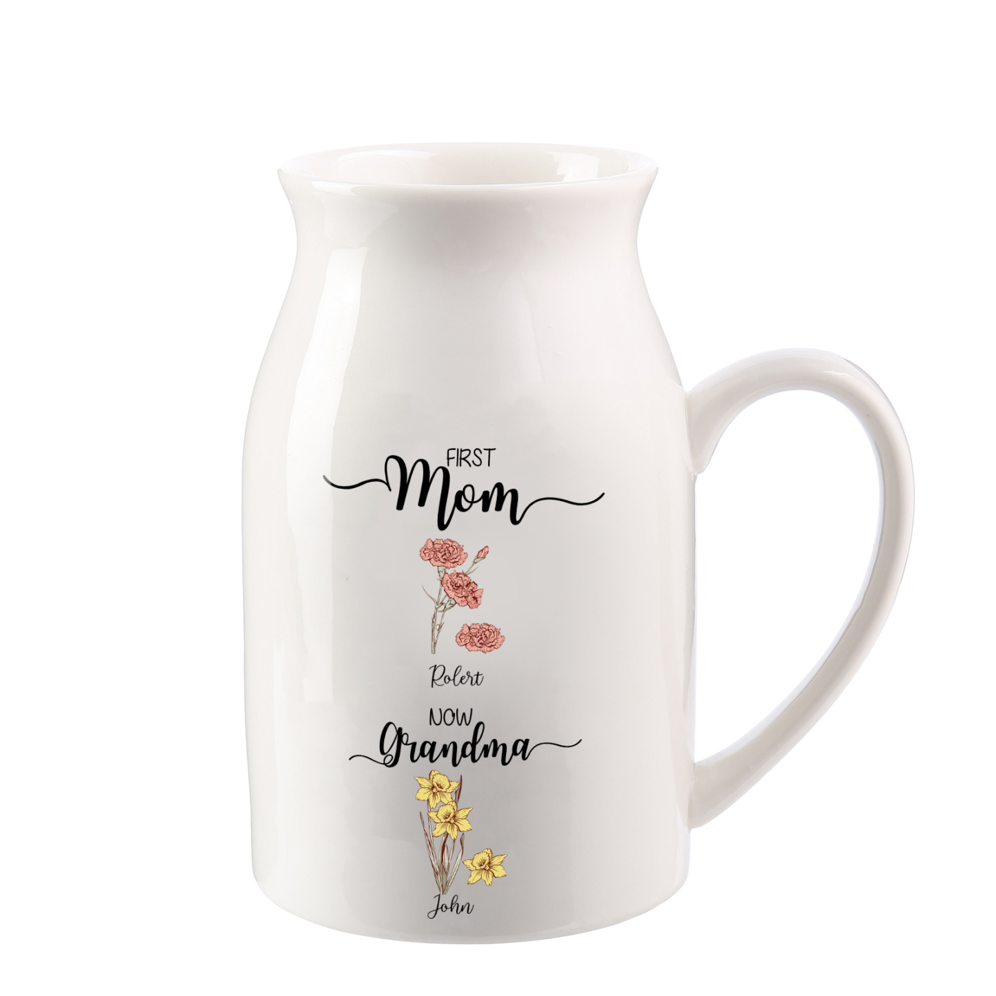 Personalised Ceramic Vase Custom 2 Names & Birthflowers Mother's day Gift for Mum, Mom or Grandma | Jessemade