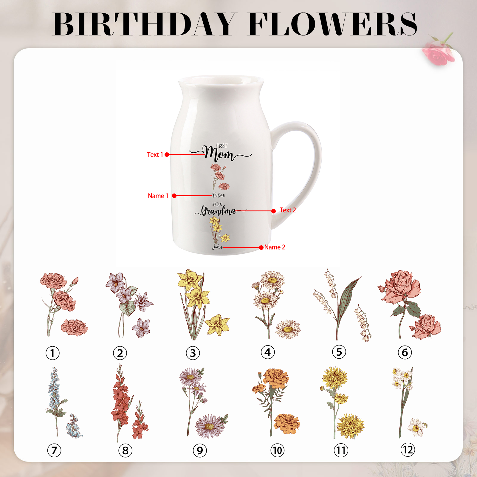 Personalised Ceramic Vase Custom 2 Names & Birthflowers Mother's day Gift for Mum, Mom or Grandma | Jessemade