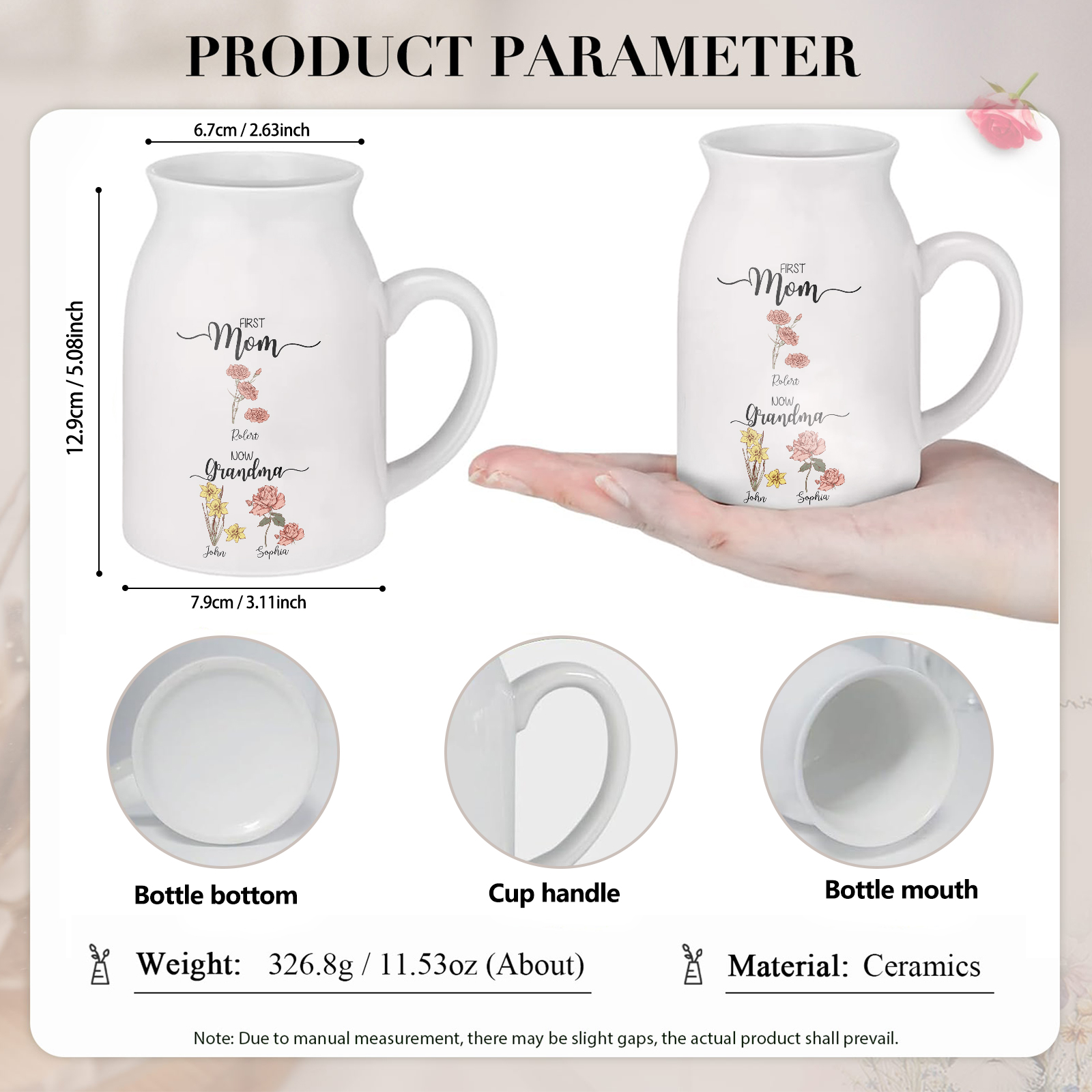 Personalised Ceramic Vase Custom 3 Names & Birthflowers Mother's day Gift for Mum, Mom or Grandma | Jessemade