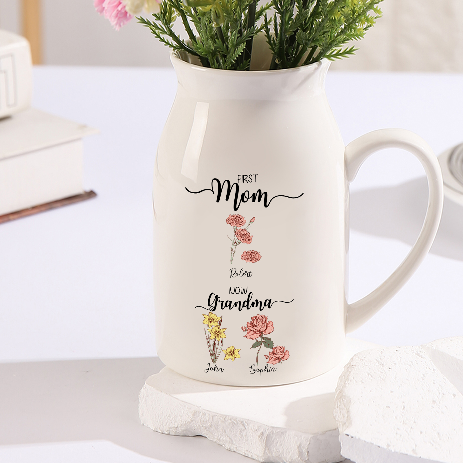 Personalised Ceramic Vase Custom 3 Names & Birthflowers Mother's day Gift for Mum, Mom or Grandma | Jessemade