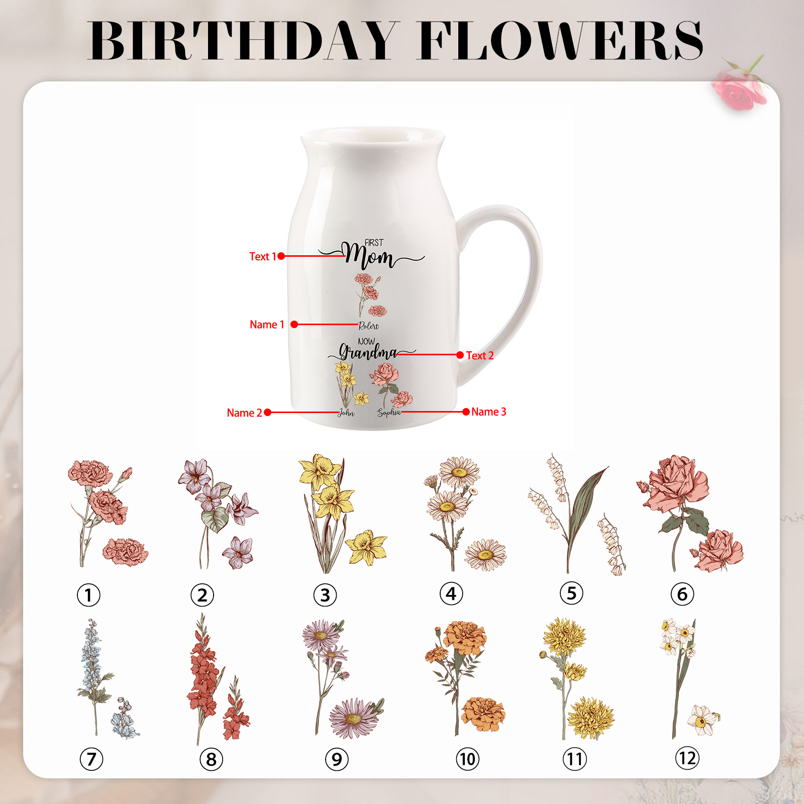 Personalised Ceramic Vase Custom 3 Names & Birthflowers Mother's day Gift for Mum, Mom or Grandma | Jessemade