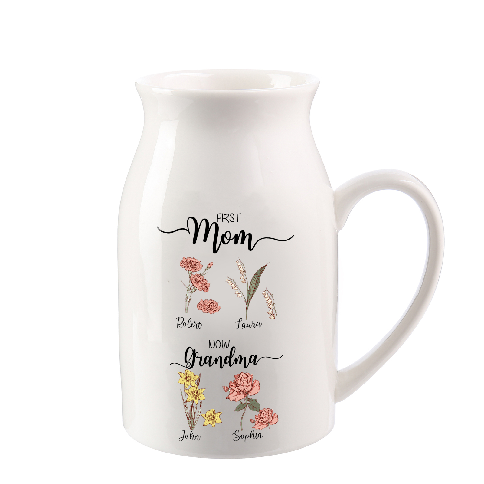 Personalised Ceramic Vase Custom 4 Names & Birthflowers Mother's day Gift for Mum, Mom or Grandma | Jessemade