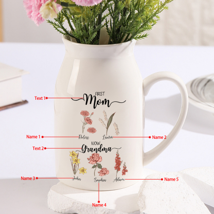Personalised Ceramic Vase Custom 5 Names & Birthflowers Mother's day Gift for Mum, Mom or Grandma | Jessemade