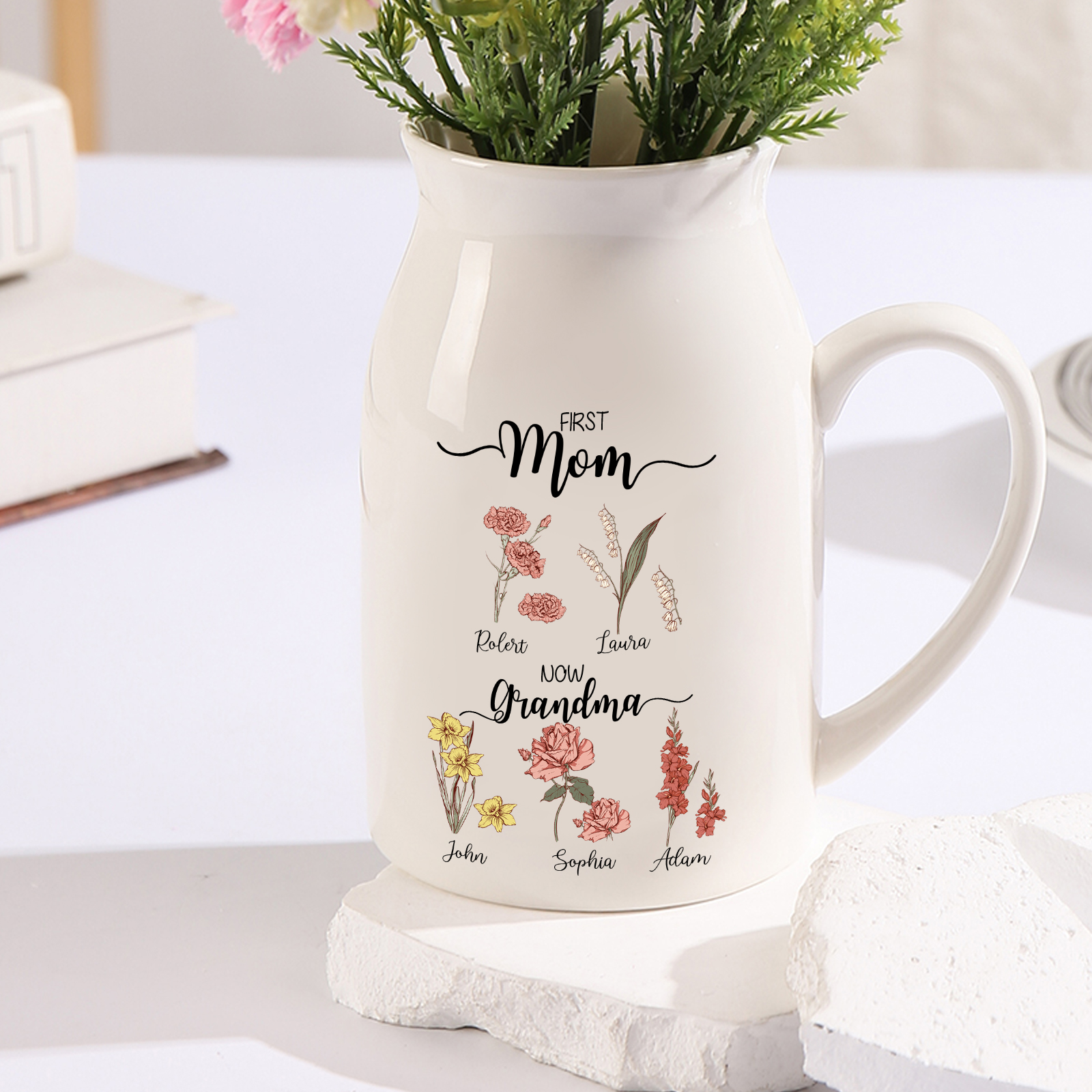 Personalised Ceramic Vase Custom 5 Names & Birthflowers Mother's day Gift for Mum, Mom or Grandma | Jessemade