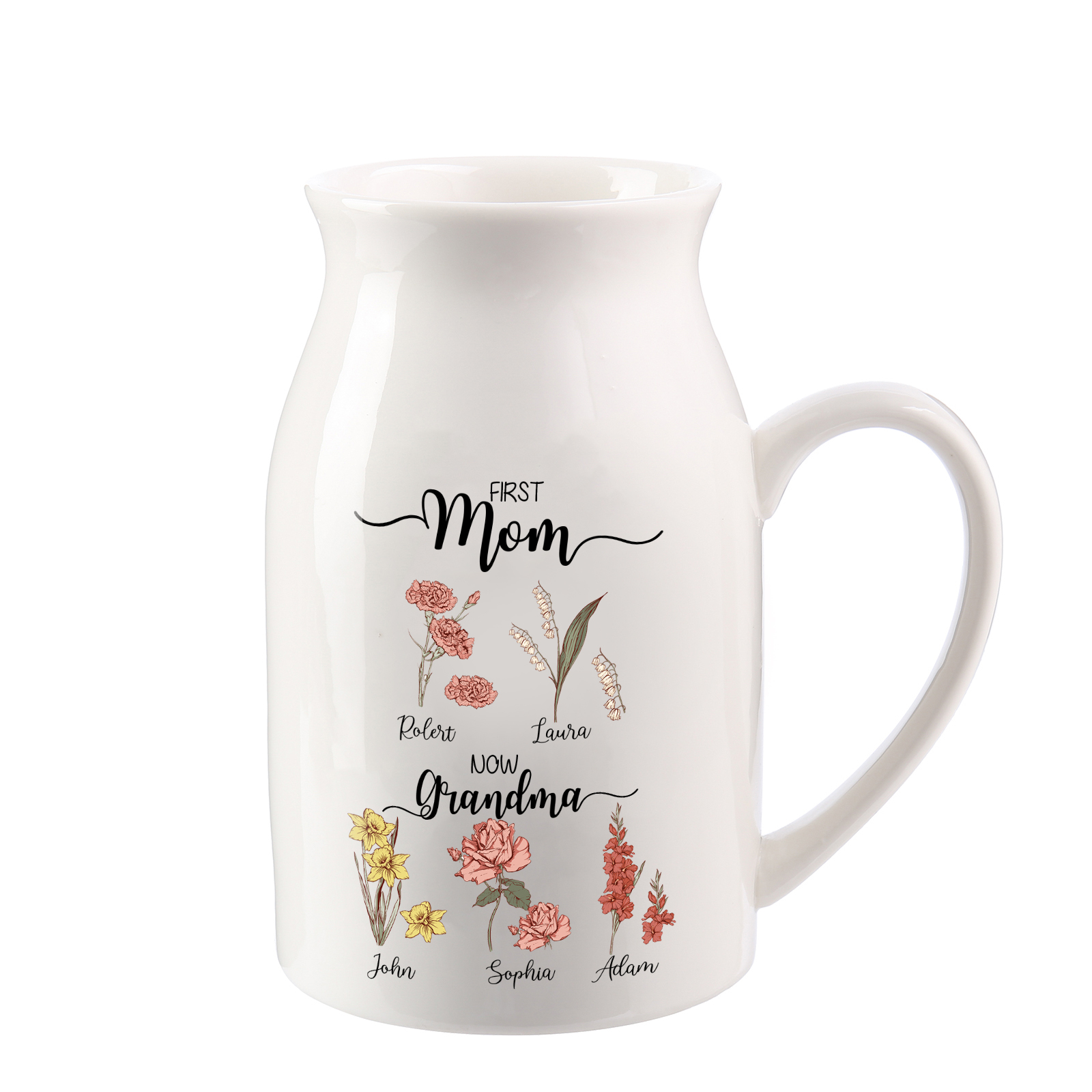 Personalised Ceramic Vase Custom 5 Names & Birthflowers Mother's day Gift for Mum, Mom or Grandma | Jessemade