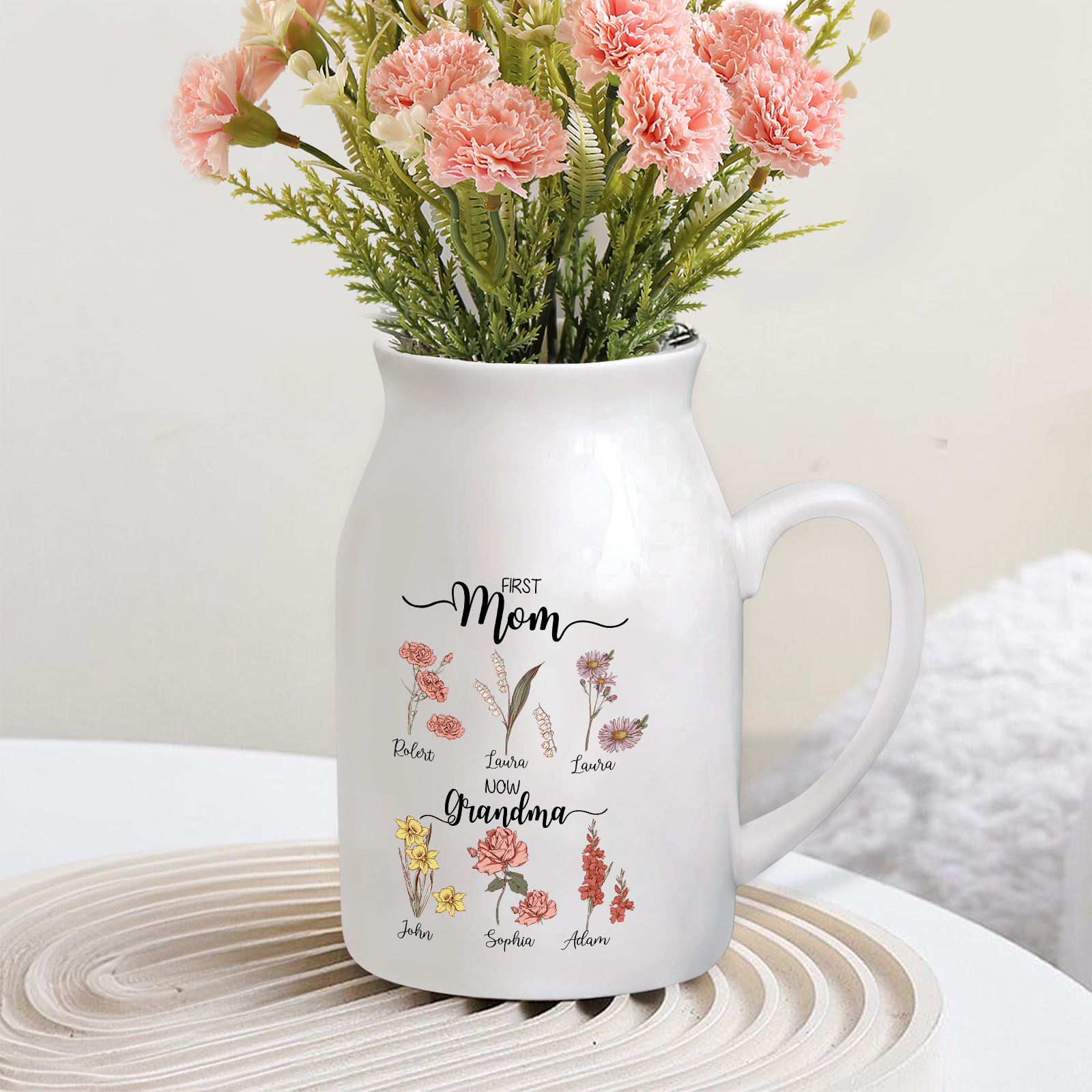 Personalised Ceramic Vase Custom 6 Names & Birthflowers Mother's day Gift for Mum, Mom or Grandma | Jessemade