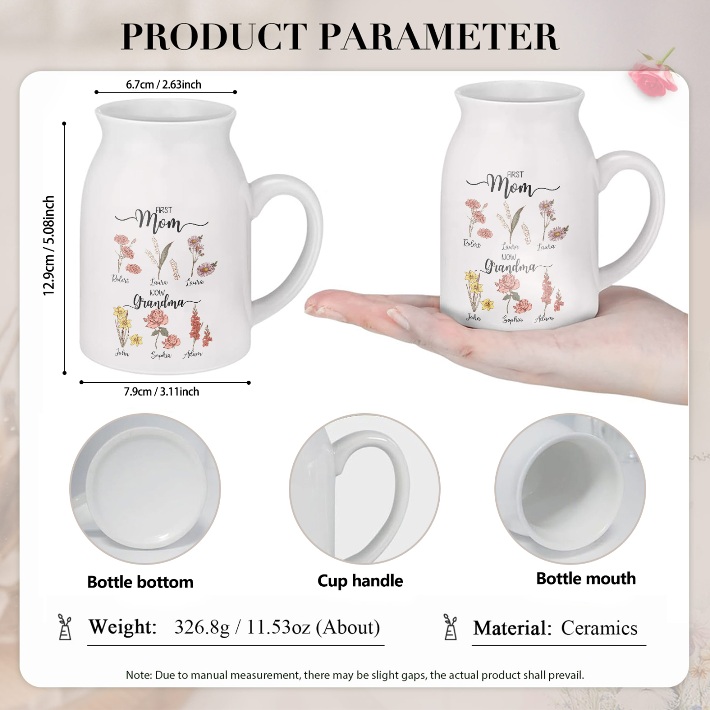 Personalised Ceramic Vase Custom 6 Names & Birthflowers Mother's day Gift for Mum, Mom or Grandma | Jessemade