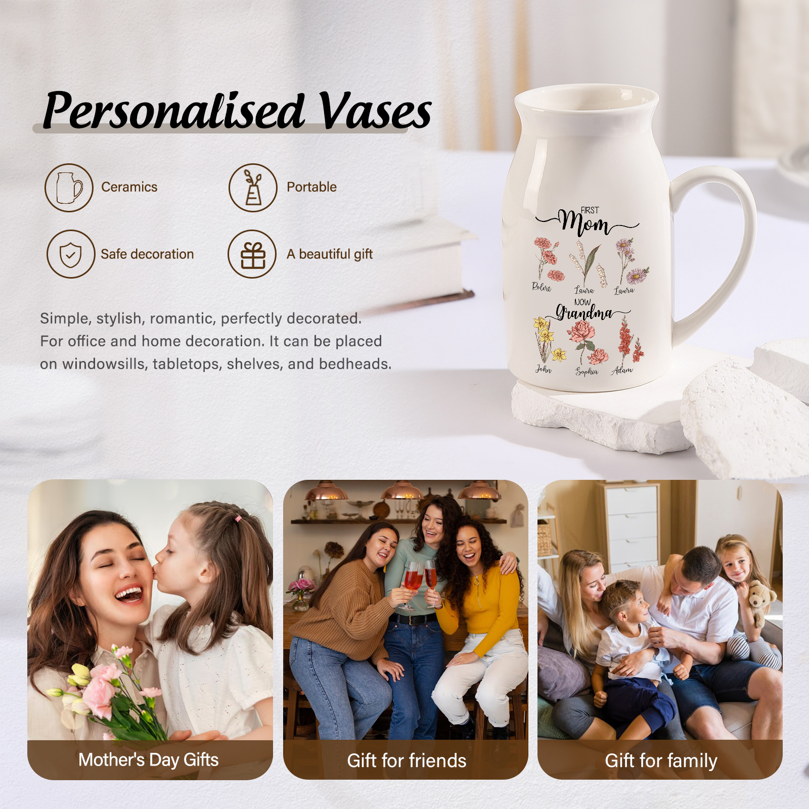 Personalised Ceramic Vase Custom 6 Names & Birthflowers Mother's day Gift for Mum, Mom or Grandma | Jessemade