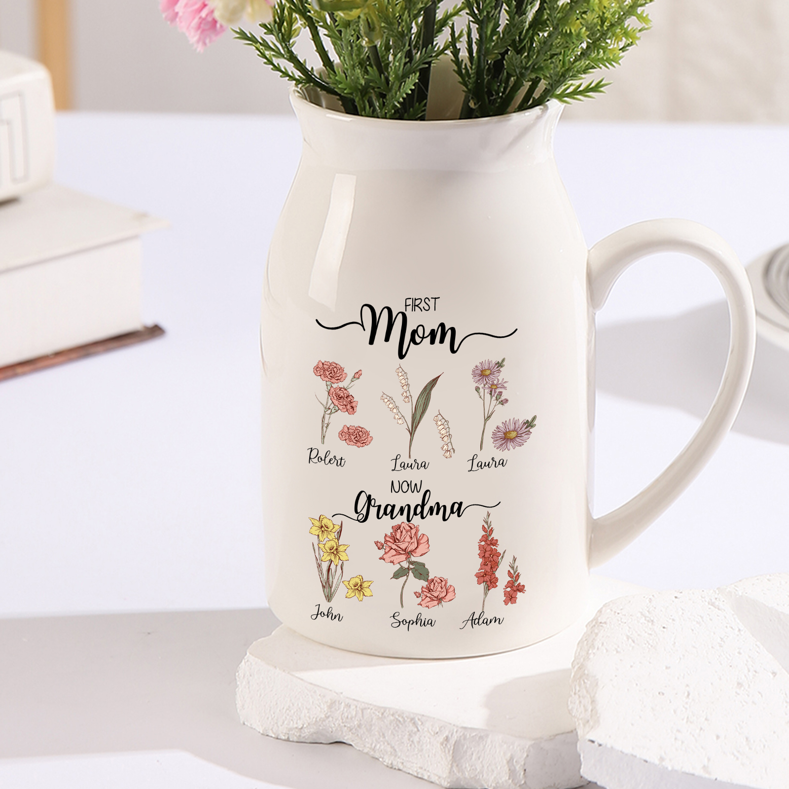 Personalised Ceramic Vase Custom 6 Names & Birthflowers Mother's day Gift for Mum, Mom or Grandma | Jessemade