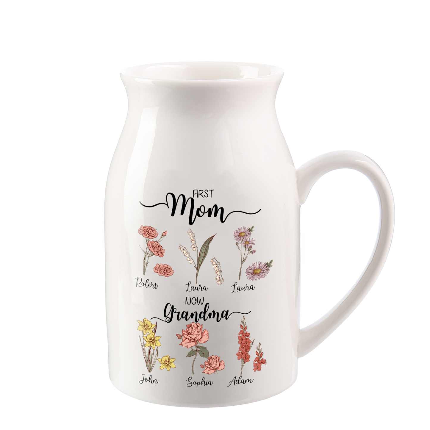 Personalised Ceramic Vase Custom 6 Names & Birthflowers Mother's day Gift for Mum, Mom or Grandma | Jessemade