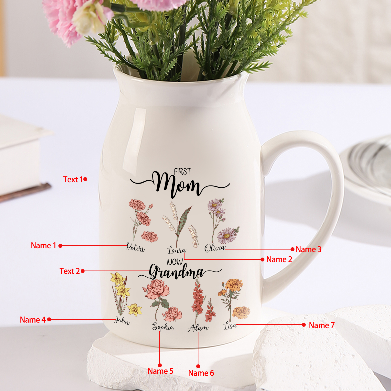Personalised Ceramic Vase Custom 7 Names & Birthflowers Mother's day Gift for Mum, Mom or Grandma | Jessemade
