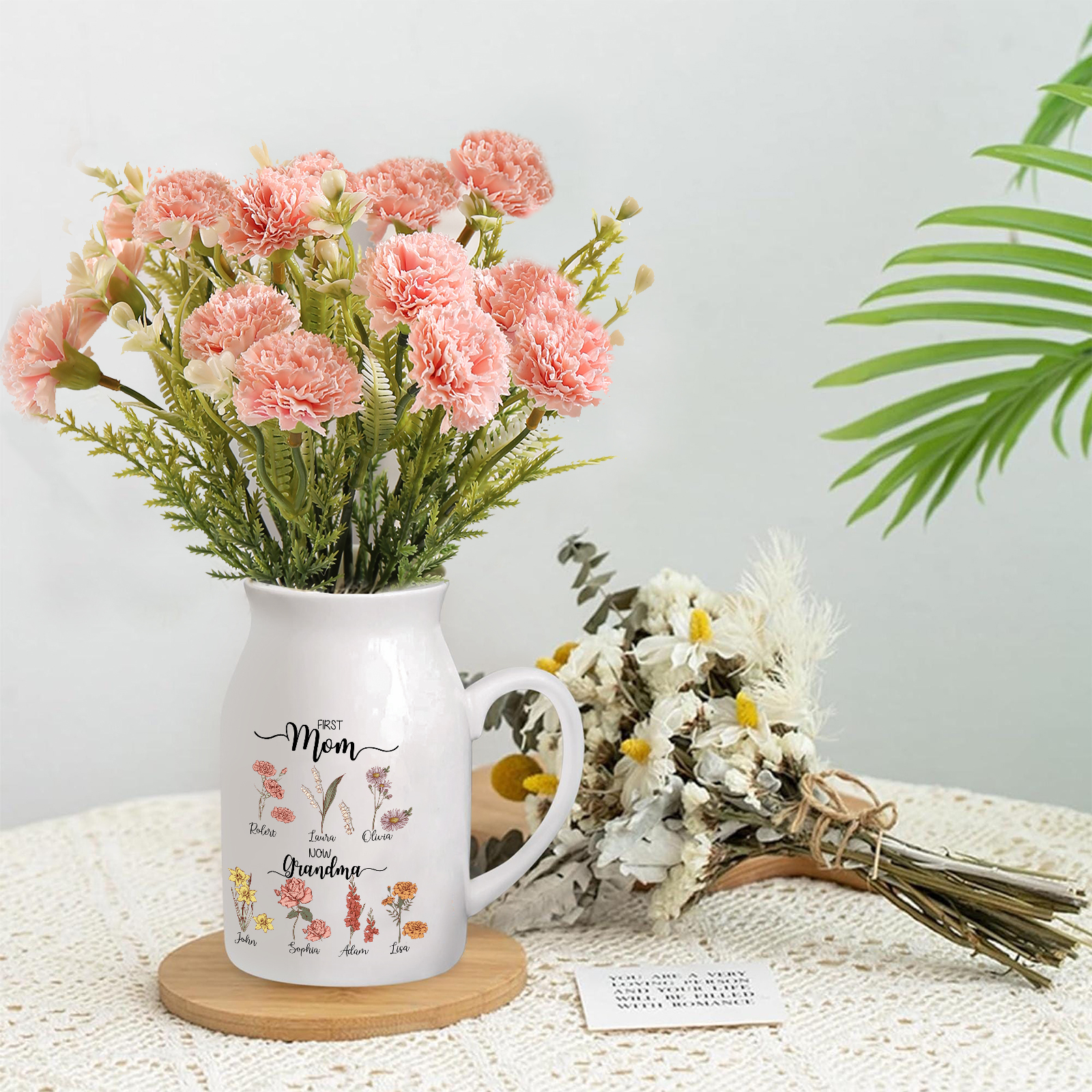 Personalised Ceramic Vase Custom 7 Names & Birthflowers Mother's day Gift for Mum, Mom or Grandma | Jessemade