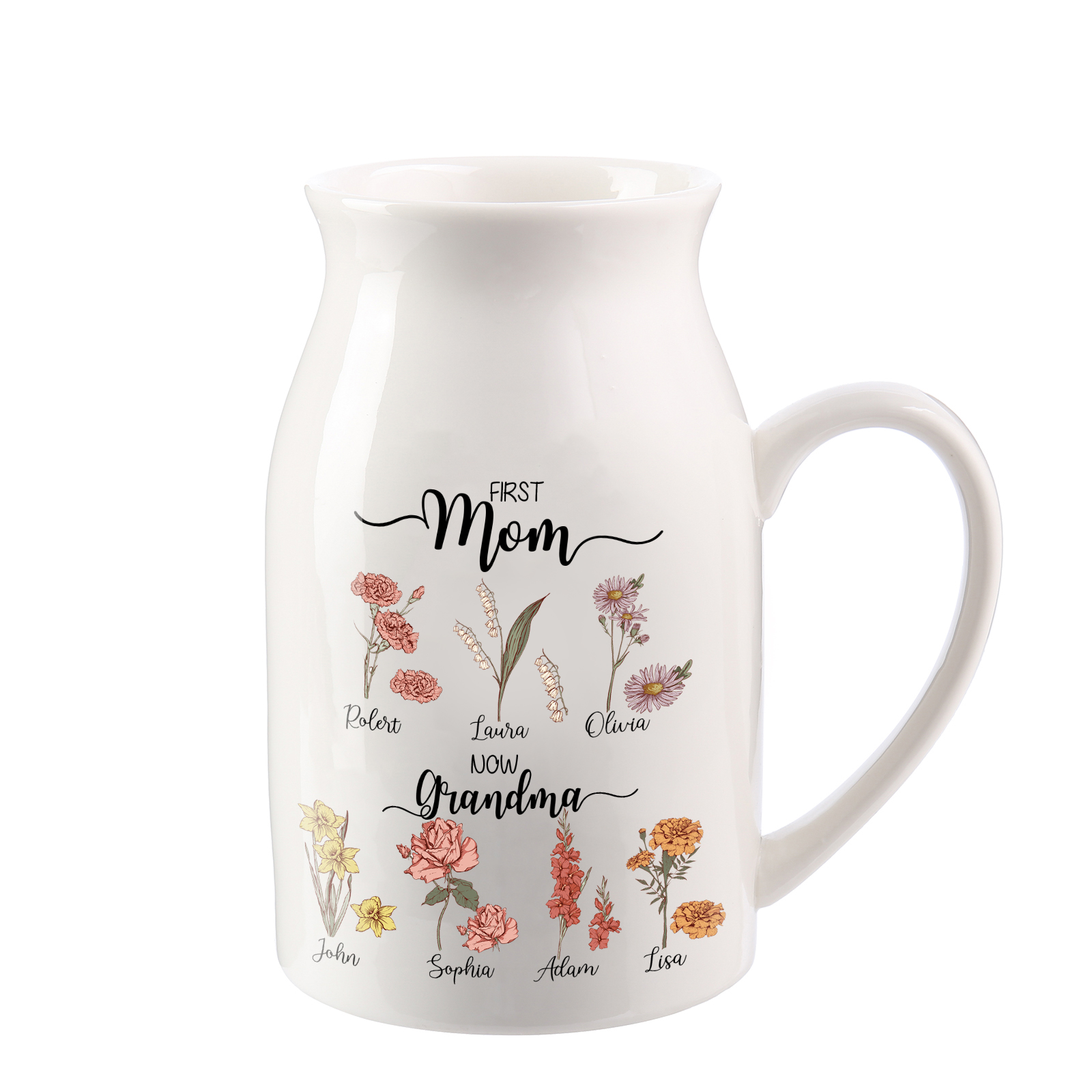 Personalised Ceramic Vase Custom 7 Names & Birthflowers Mother's day Gift for Mum, Mom or Grandma | Jessemade