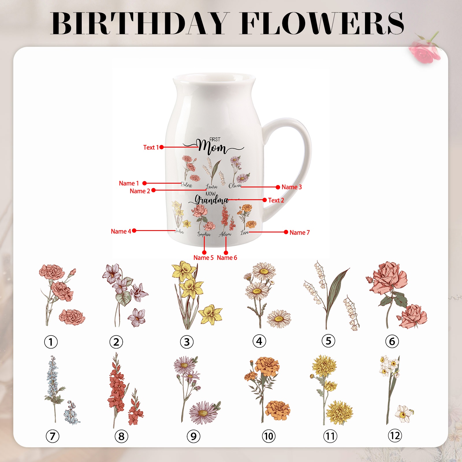 Personalised Ceramic Vase Custom 7 Names & Birthflowers Mother's day Gift for Mum, Mom or Grandma | Jessemade