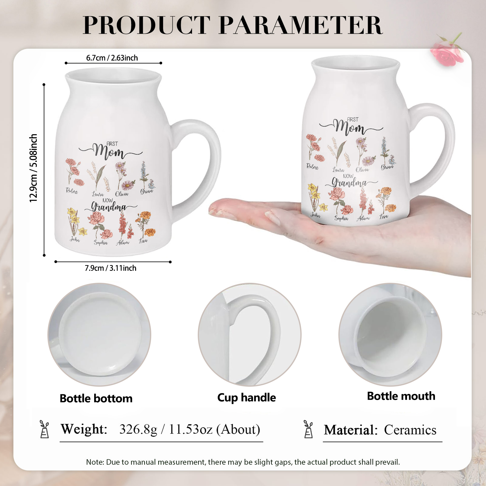 Personalised Ceramic Vase Custom 8 Names & Birthflowers Mother's day Gift for Mum, Mom or Grandma | Jessemade