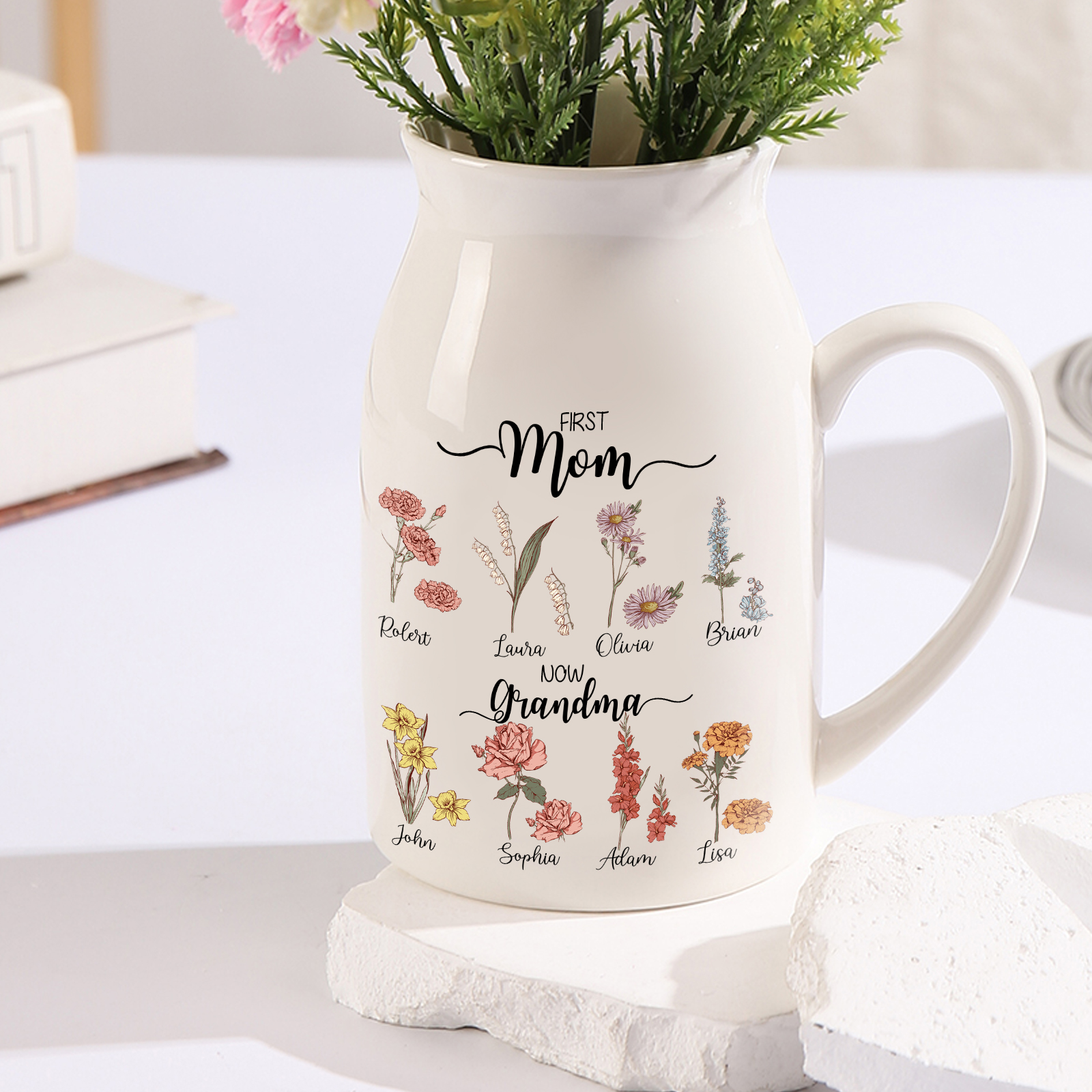 Personalised Ceramic Vase Custom 8 Names & Birthflowers Mother's day Gift for Mum, Mom or Grandma | Jessemade