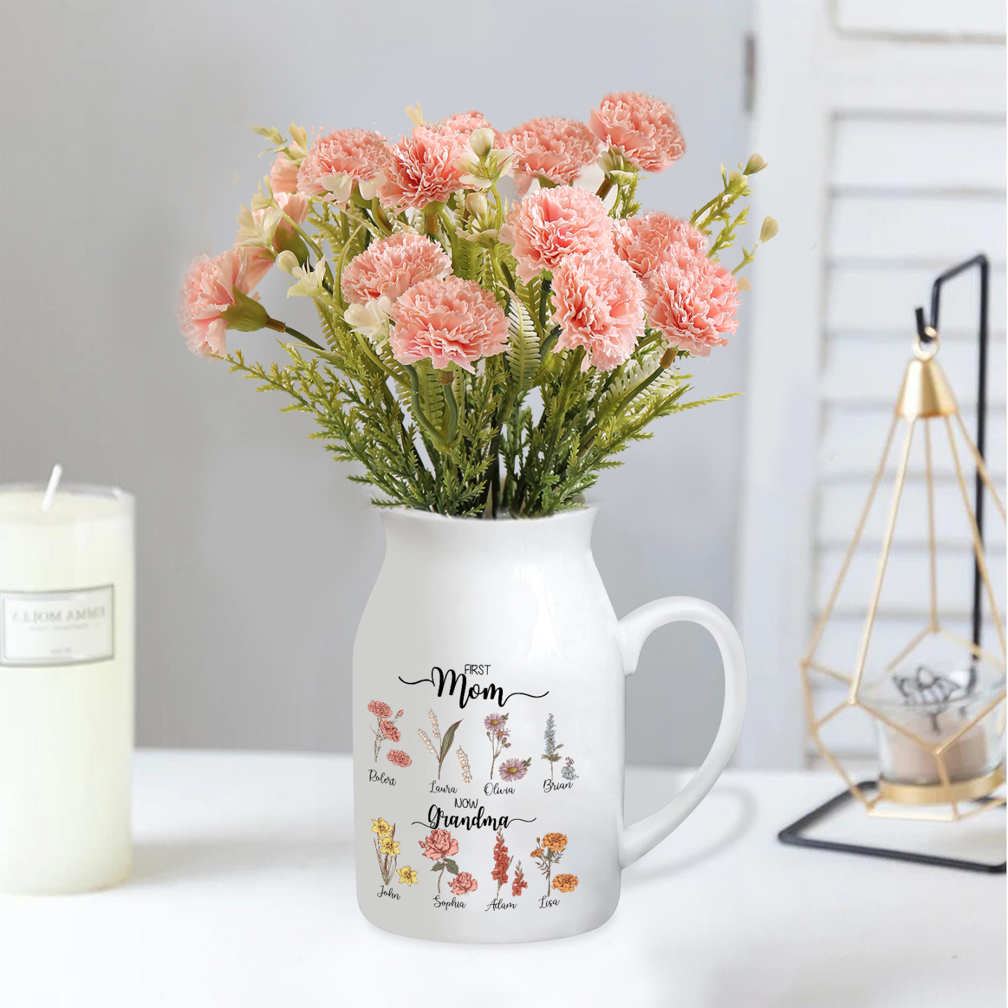 Personalised Ceramic Vase Custom 8 Names & Birthflowers Mother's day Gift for Mum, Mom or Grandma | Jessemade