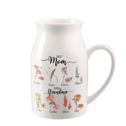 Personalised Ceramic Vase Custom 8 Names & Birthflowers Mother's day Gift for Mum, Mom or Grandma | Jessemade