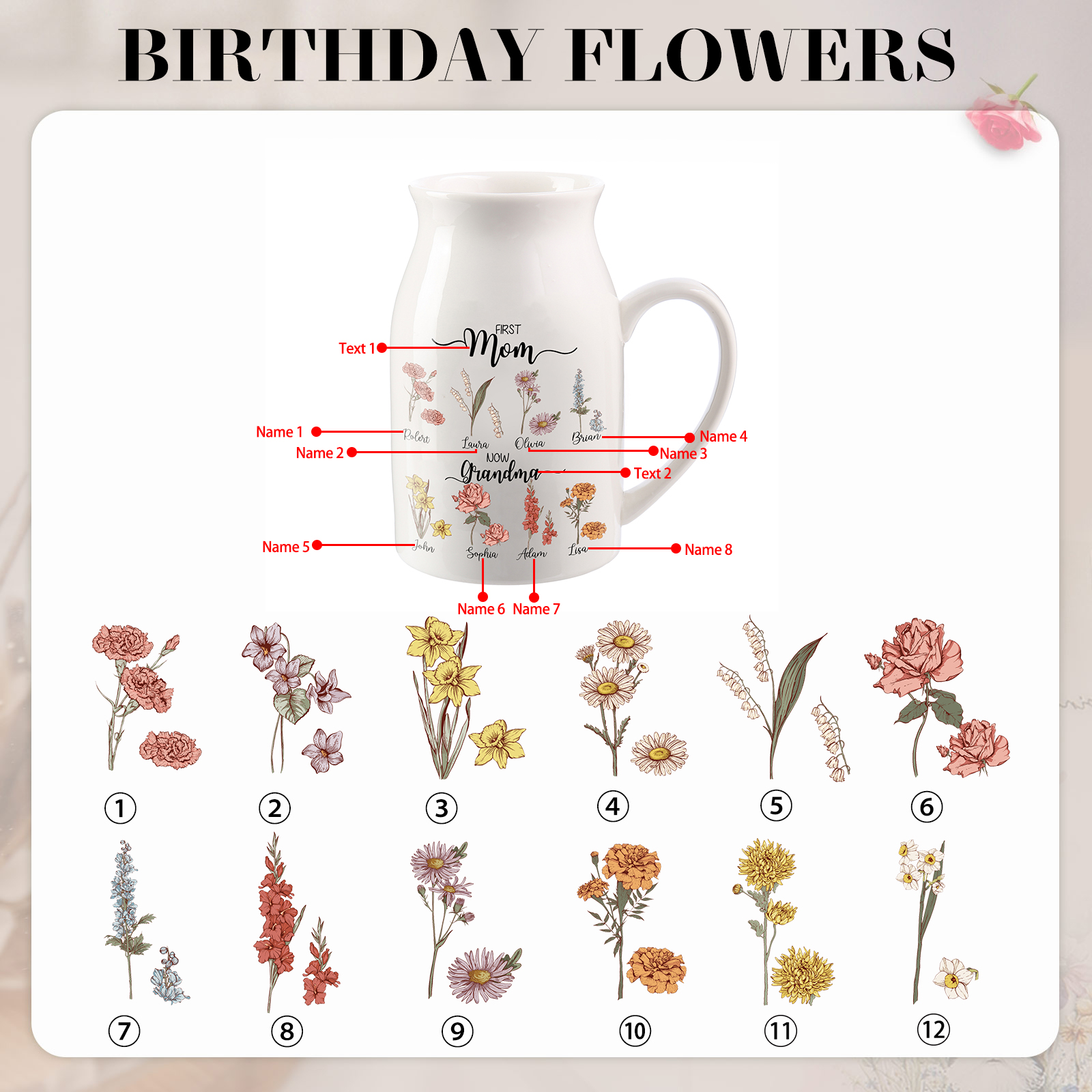 Personalised Ceramic Vase Custom 8 Names & Birthflowers Mother's day Gift for Mum, Mom or Grandma | Jessemade