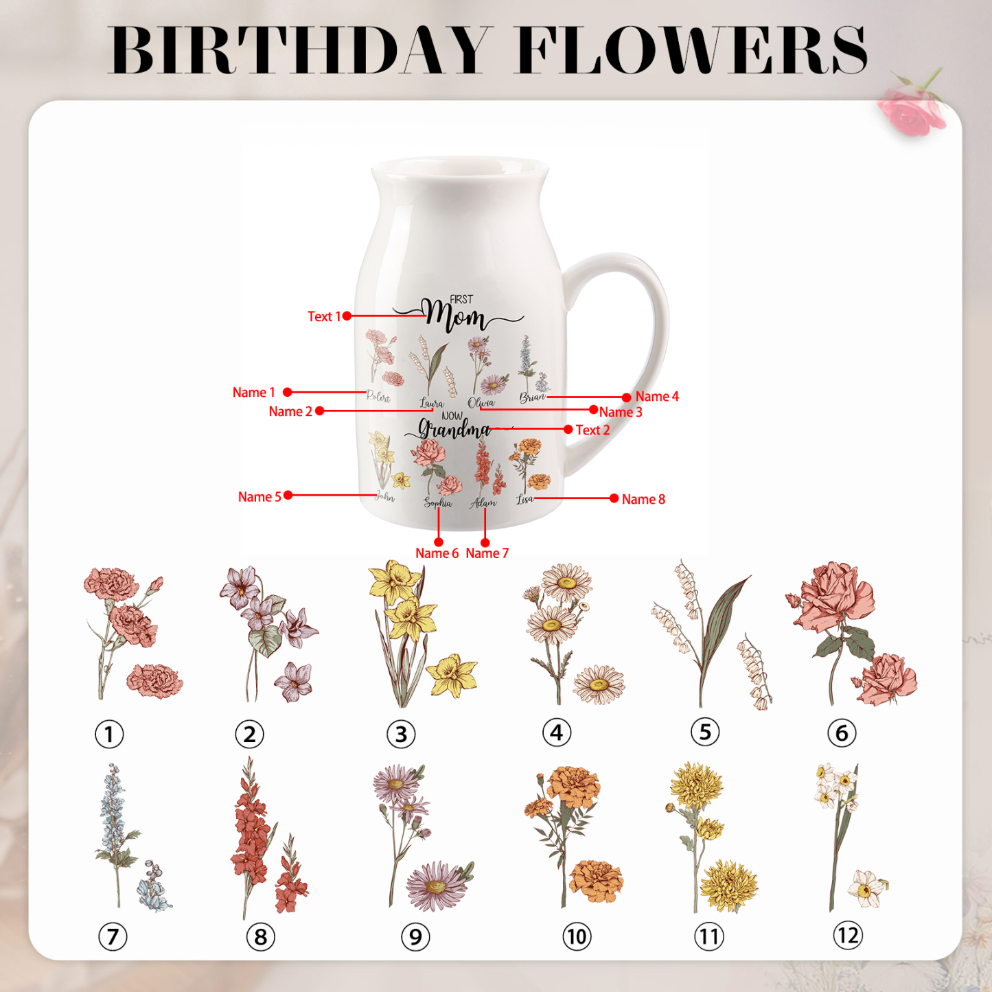 Personalised Ceramic Vase Custom 8 Names & Birthflowers Mother's day Gift for Mum, Mom or Grandma | Jessemade