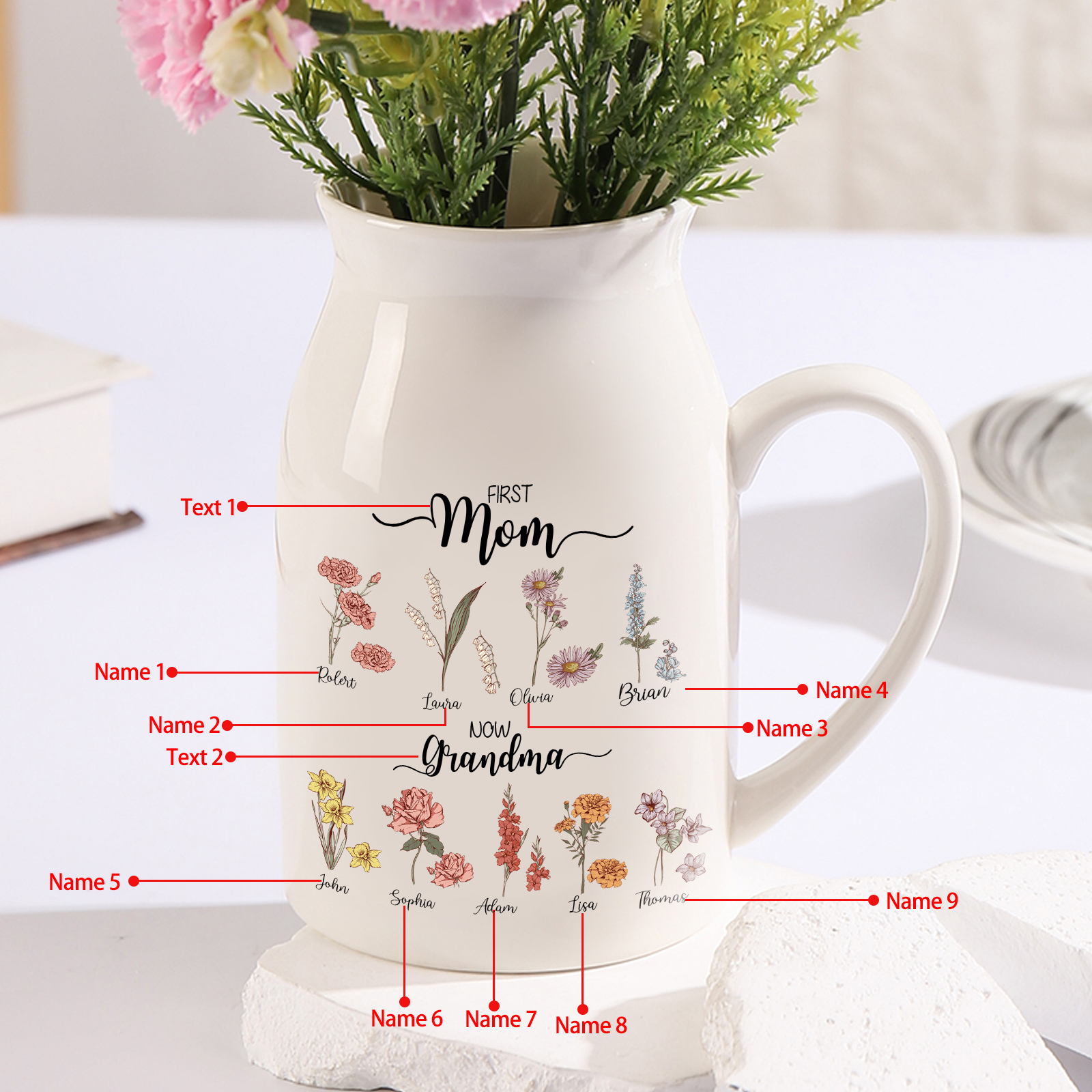 Personalised Ceramic Vase Custom 9 Names & Birthflowers Mother's day Gift for Mum, Mom or Grandma | Jessemade