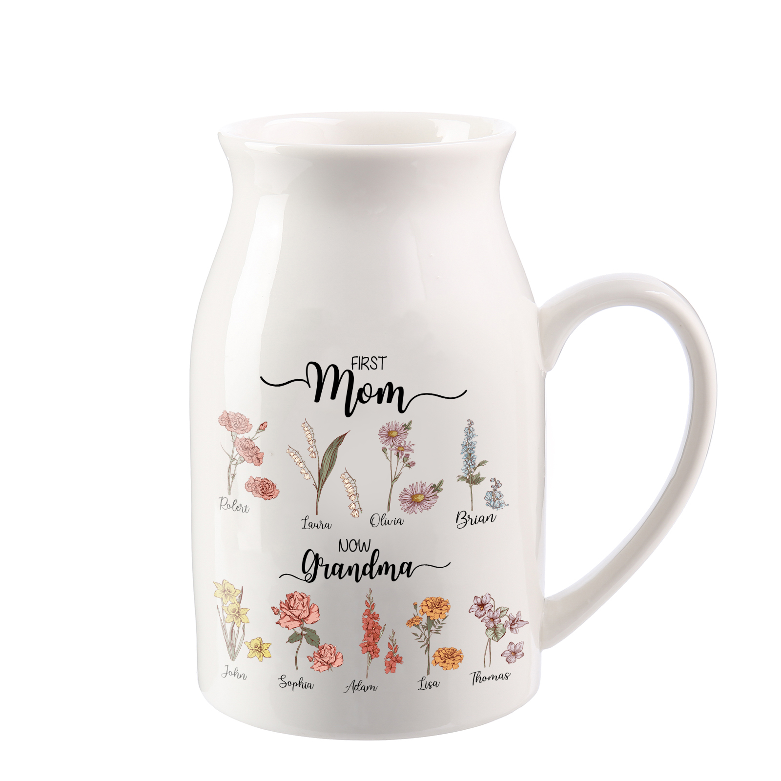 Personalised Ceramic Vase Custom 9 Names & Birthflowers Mother's day Gift for Mum, Mom or Grandma | Jessemade