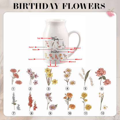 Personalised Ceramic Vase Custom 9 Names & Birthflowers Mother's day Gift for Mum, Mom or Grandma | Jessemade