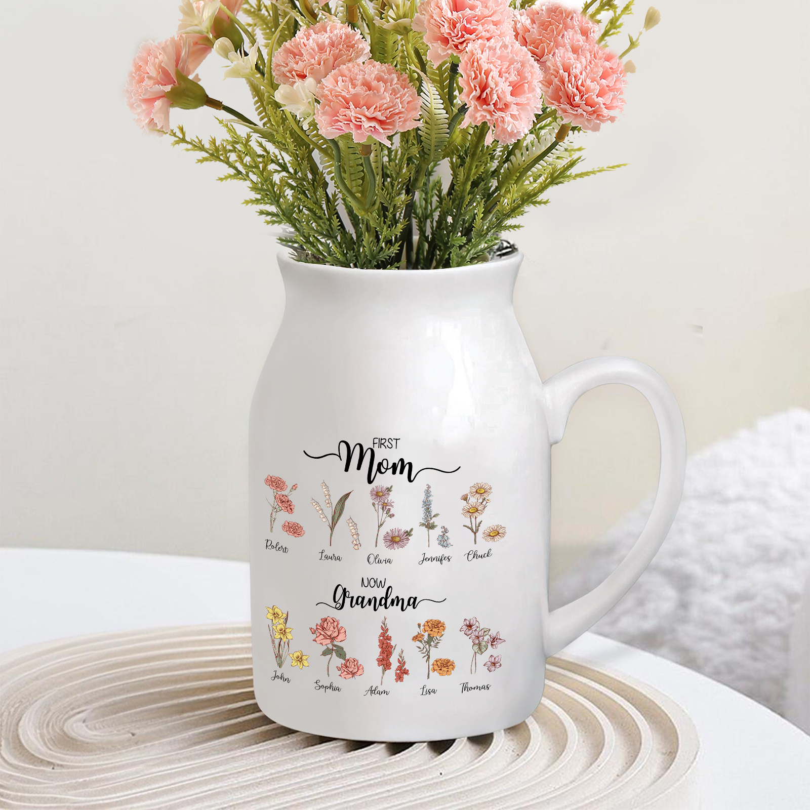 Personalised Ceramic Vase Custom 10 Names & Birthflowers Mother's day Gift for Mum, Mom or Grandma | Jessemade