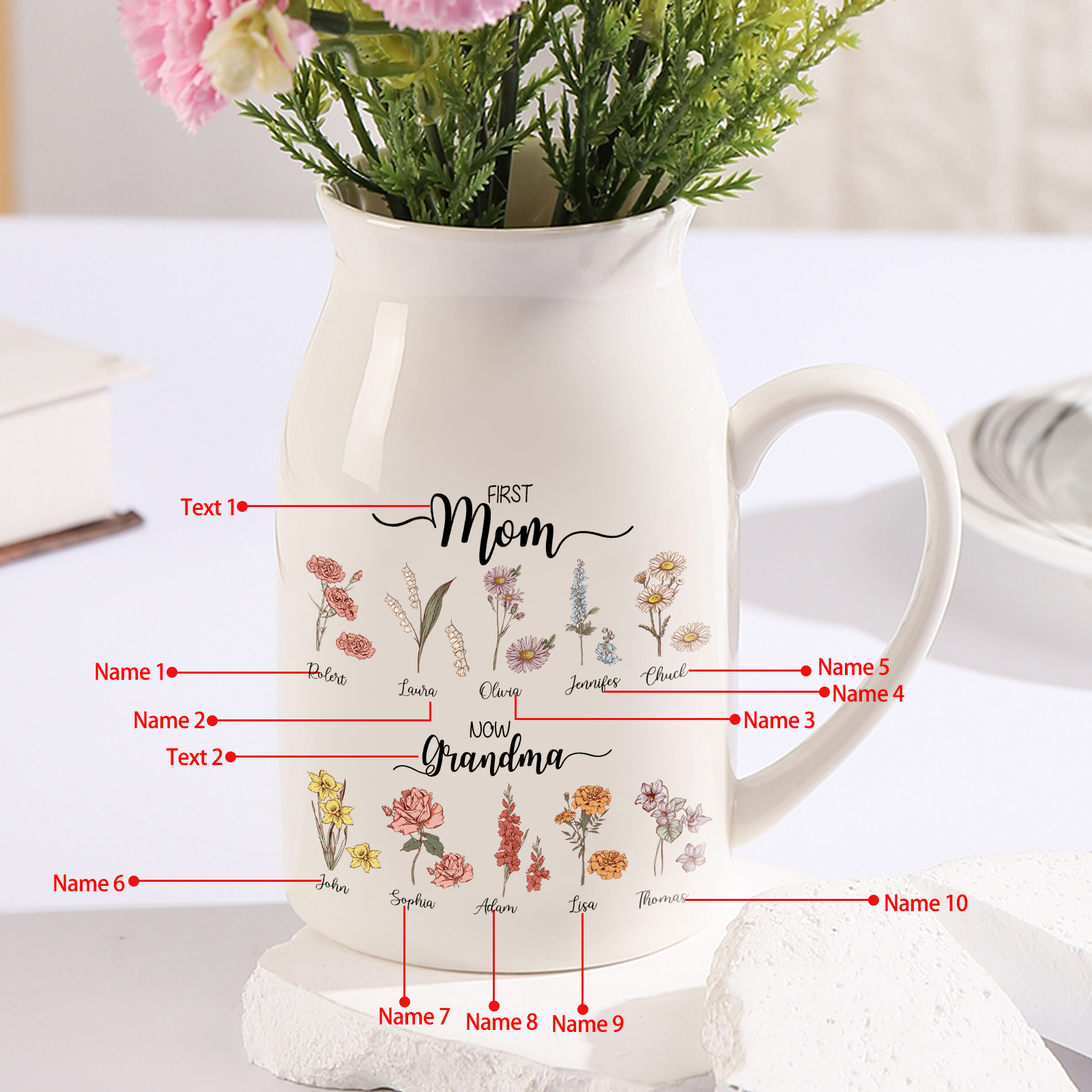 Personalised Ceramic Vase Custom 10 Names & Birthflowers Mother's day Gift for Mum, Mom or Grandma | Jessemade