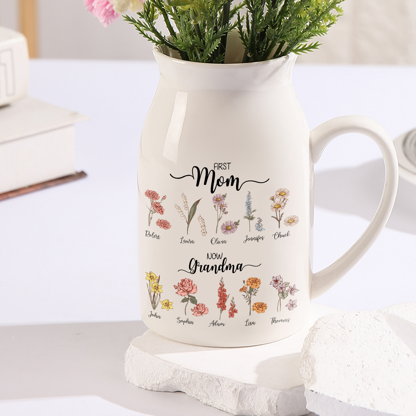 Personalised Ceramic Vase Custom 10 Names & Birthflowers Mother's day Gift for Mum, Mom or Grandma | Jessemade