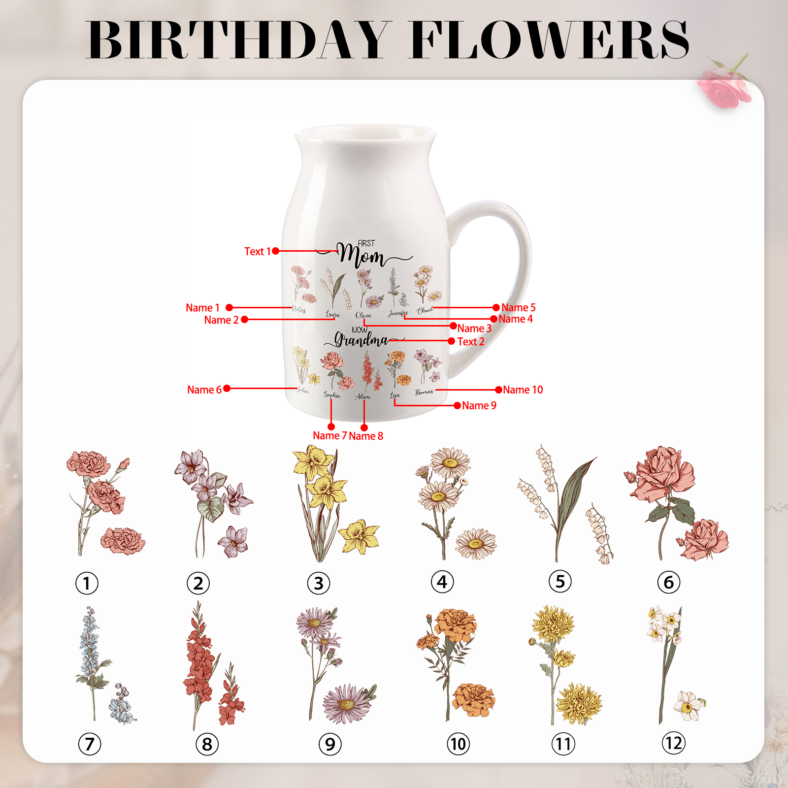 Personalised Ceramic Vase Custom 10 Names & Birthflowers Mother's day Gift for Mum, Mom or Grandma | Jessemade