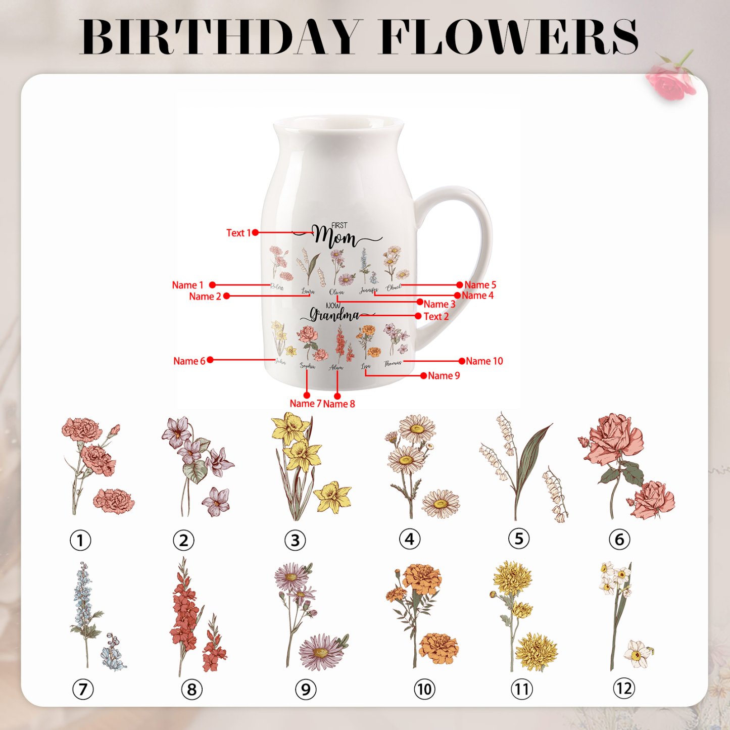 Personalised Ceramic Vase Custom 10 Names & Birthflowers Mother's day Gift for Mum, Mom or Grandma | Jessemade